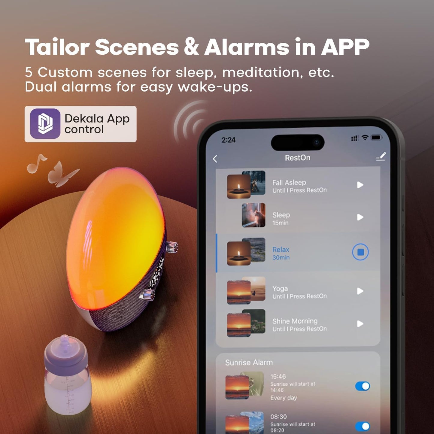 Dekala RestOnn Sunrise Alarm Clock 7-Day Programmable Dual Alarm Clock with Sunset White Noise Sound Machine Natural Sounds Amber Night Light, Bluetooth Speaker, 3000mAh Battery Backup, App Control