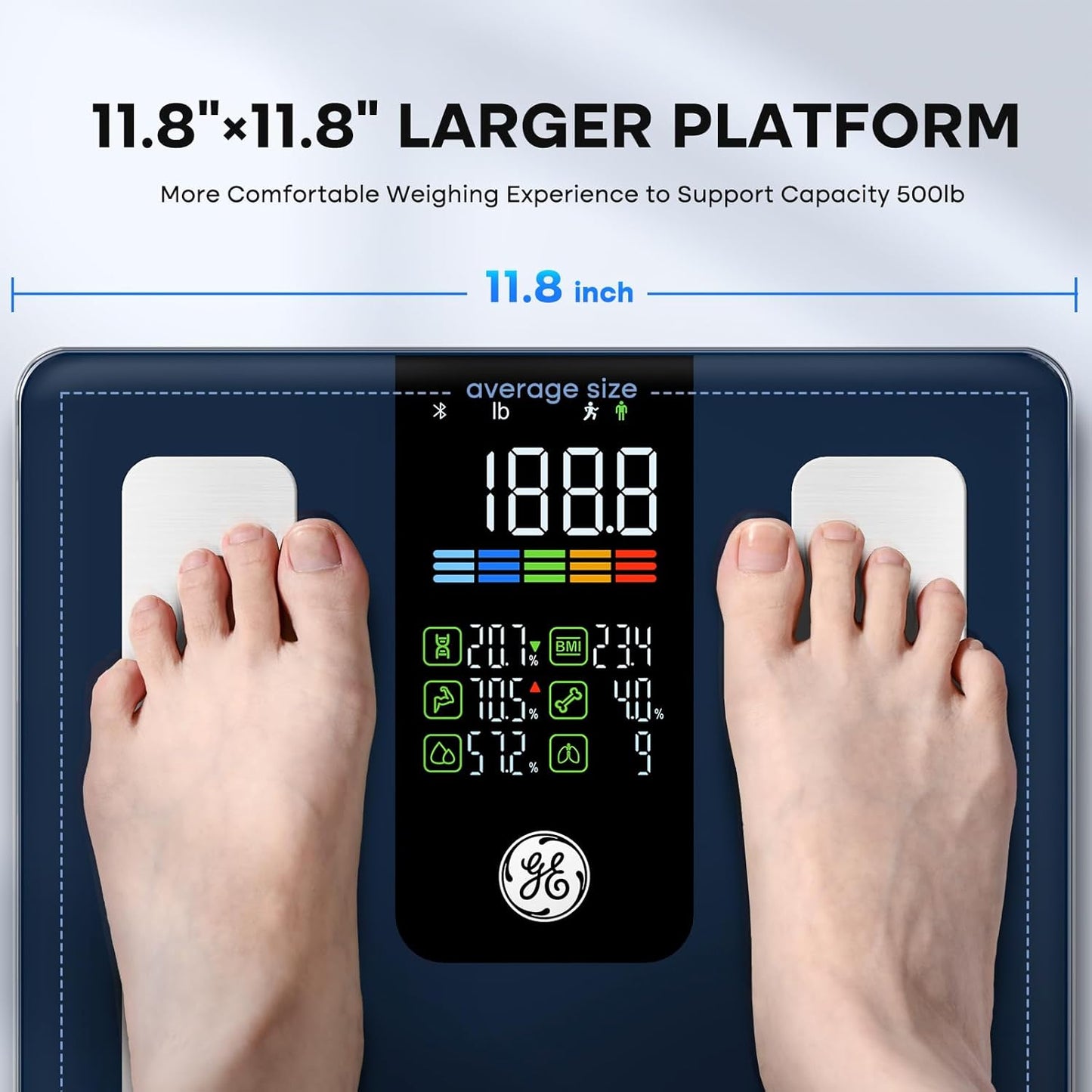 GE Smart Scale for Body Weight, BMI, Body Fat, Muscle Mass, Digital Bathroom Scales 500lbs for Bluetooth Weight Monitor 11.8" Large Platform Weighing Machine Health Analyzer Dark Blue-Button Function
