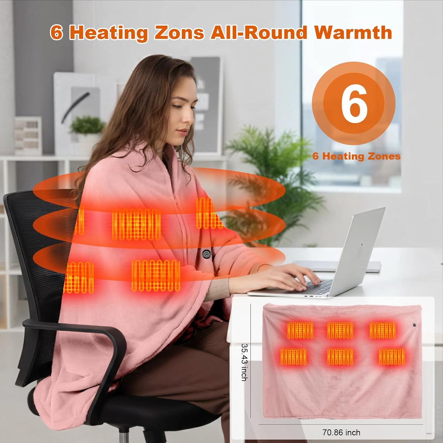 Graphene Heated Blanket Battery Operated, 20000mAh Battery 7.4V Fast Heating Blanket Portable Heated Shawl, Cordless Rechargeable Heated Shawl 3 Temperature Settings, Gift for Women (Pink)