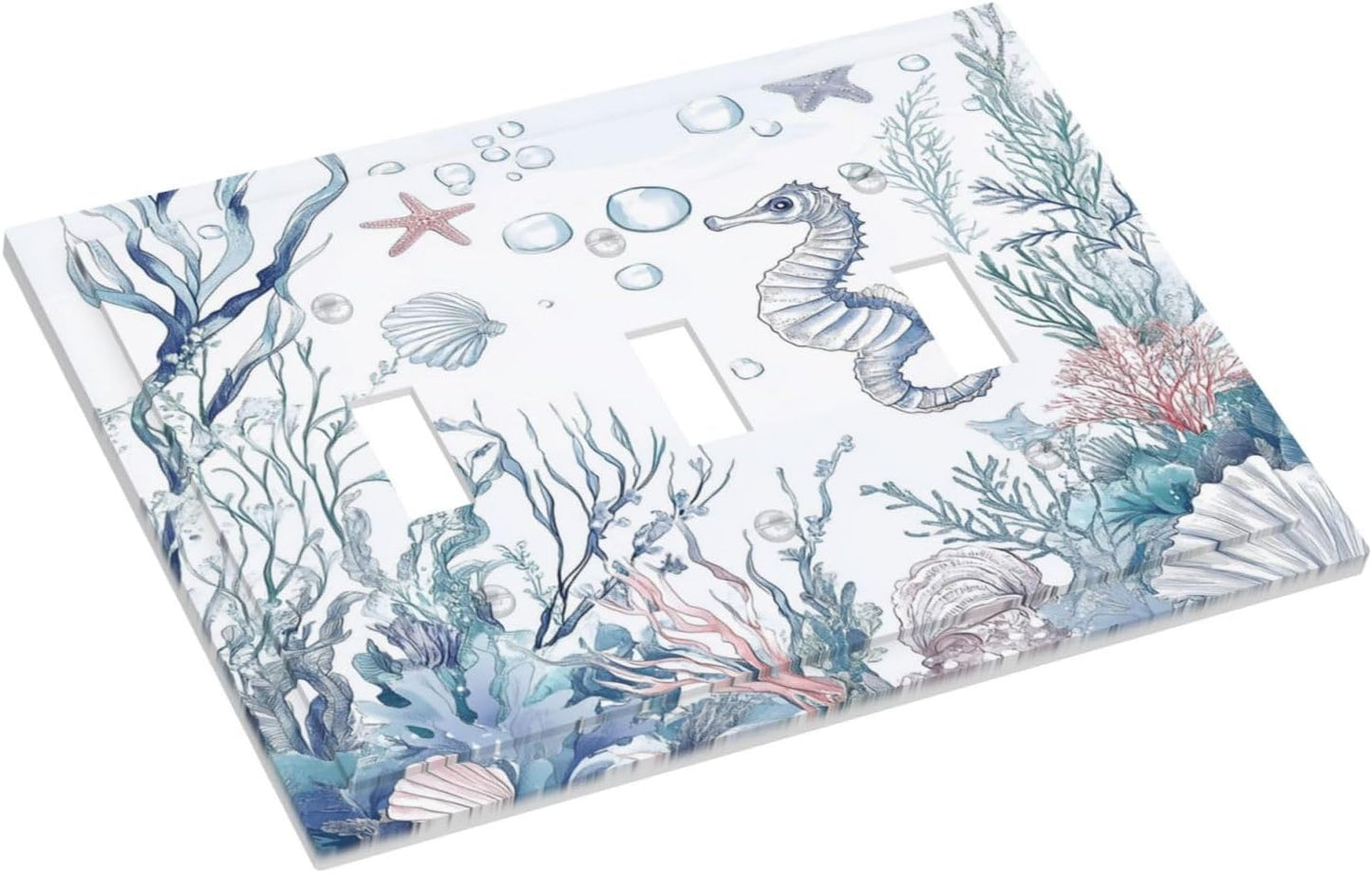 Decorative Switch Plates Ocean Coral Seahorse Seashell Starfish 3 Gang Wall Plate Triple Toggle Light Switch Cover Faceplate Electrical Wall Panels For Bathroom Home Decor
