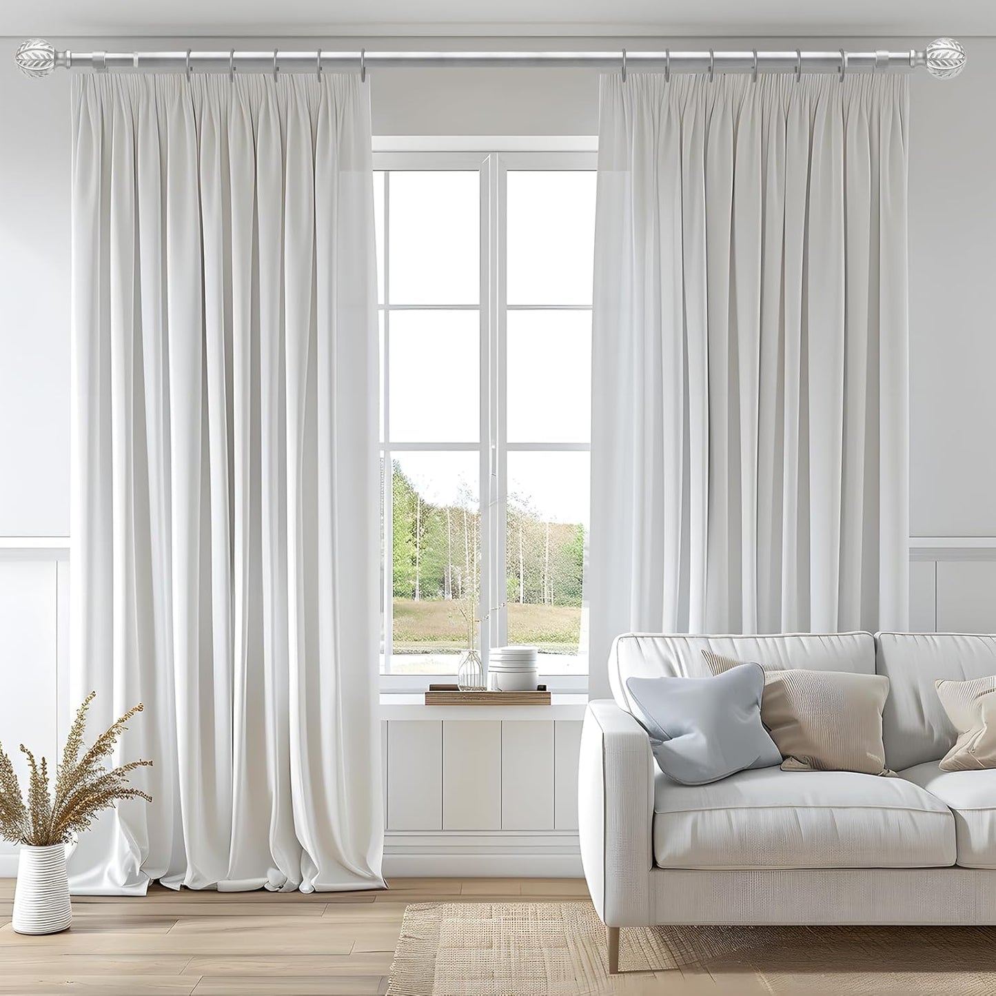 2 Pack Silver Curtain Rods for Windows 28 to 48 inch,1" Adjustable Heavy Duty Window Curtain Rod with Leaf Finials,Rustic Decorative Drapery Rods Set,Size:18-60''