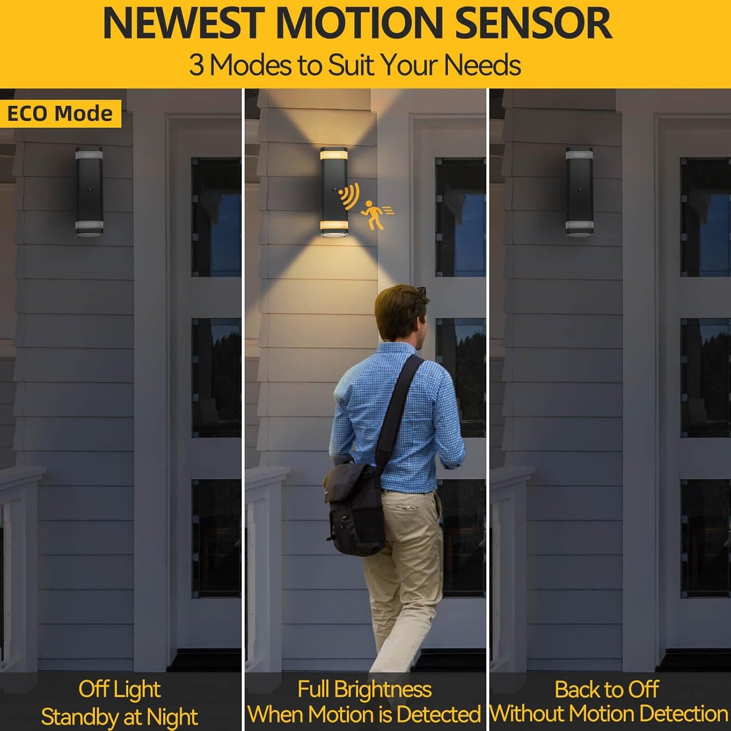 SHIMR Motion Sensor Outdoor Wall Lights 2 Pack, Modern Dusk to Dawn Up Down Sconce with 3 Modes, WaterprExterior Lighting Fixtures for Porch Garage Patio, 3000K LED Bulb Included, Black Finish