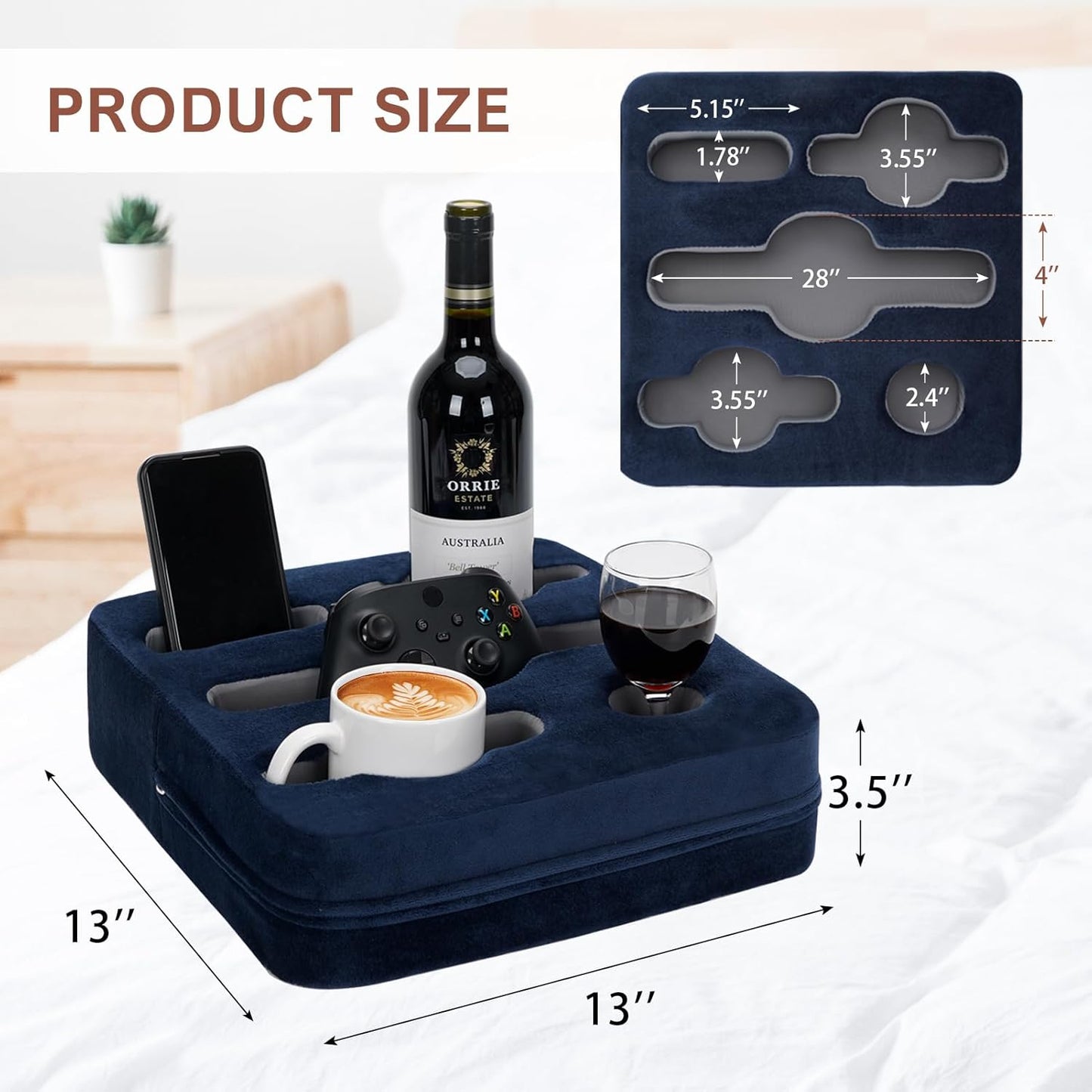Couch Cup Holder Pillow - Sofa Cup Holder | Couch Caddy, Couch Drinks Remotes Holder for Cups, Headphones, Snacks, and Phones | Use it on Car, Pack, Beach, RV, and More (Navy)