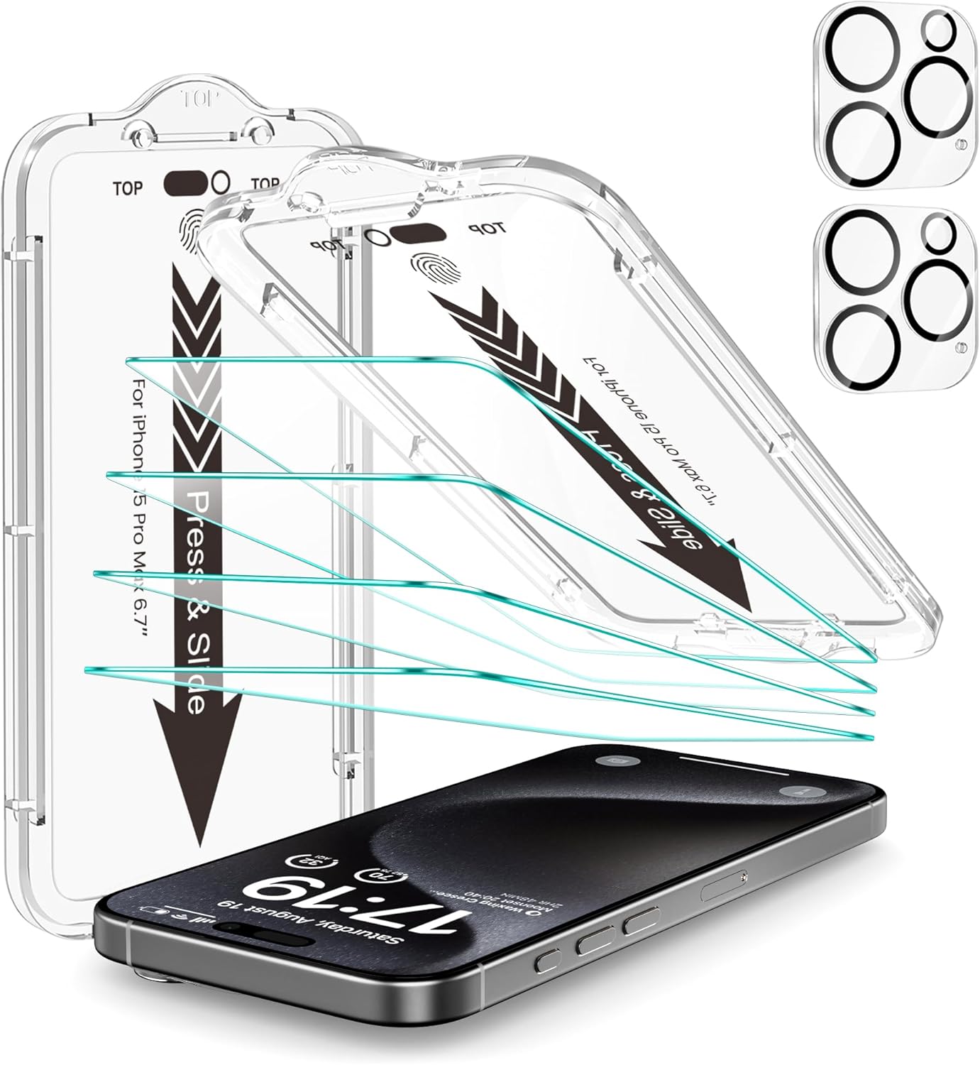EZ-GLAZ- 4 Pack for iPhone 15 Pro Max Screen Protector [6.7"] With 2 Pack Camera Lens Protector, 9H+ Hardness 12FT Military Grade Shatterproof Scratch Resistant Durable Tempered Glass Film with Flawless Fit Kit, HD Clear