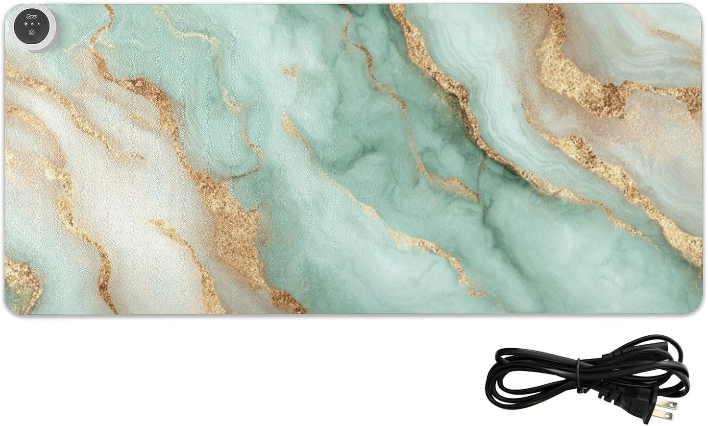Heated Desk Pad Mouse Pad 31.5x13 Inch PU Leather Desk Mat with 3 Heat Levels Large Mouse Gaming Computer Laptop Mat Mint Green and Gold Marbletexture