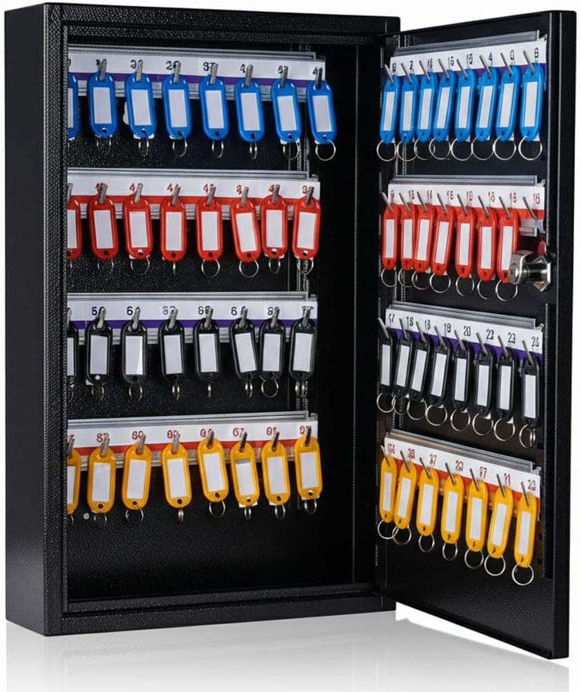 UMEKEN Metal Key Cabinet - 64 Position Wall Mount Car Key Lock Box with Key Tags - Vehicle Key Organizer Storage Locker, Black, 11.81" x 3.15" x 17.72"