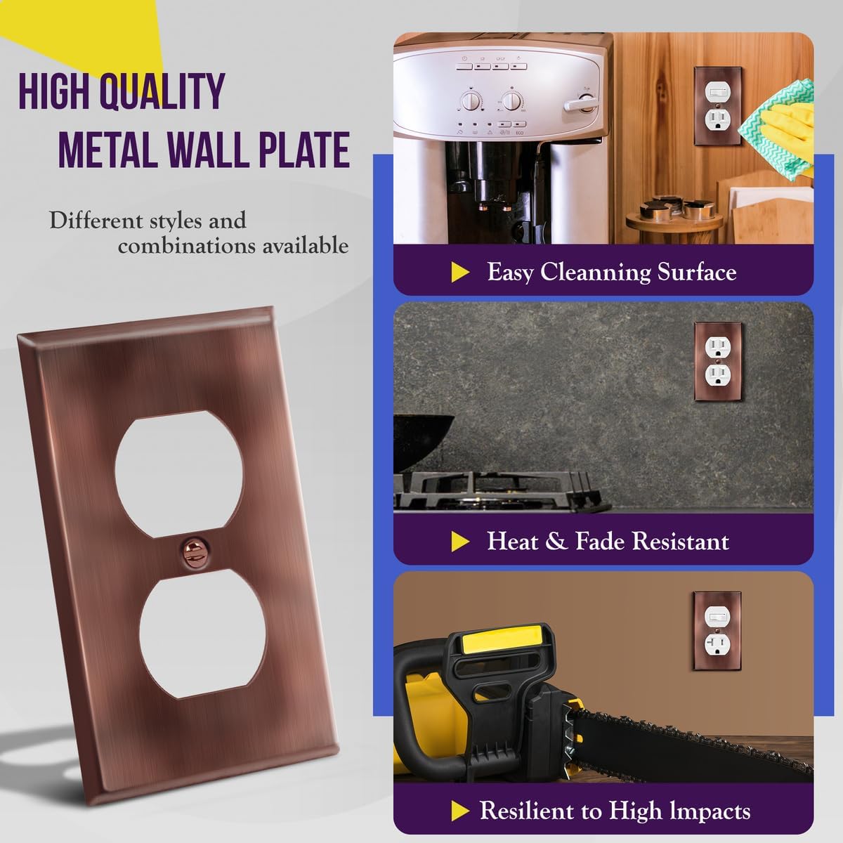 ENERLITES Duplex Receptacle Metal Wall Plate, Stainless Steel Outlet Cover, Corrosion Resistant, Standard Size 1-Gang 4.50" x 2.76", Stainless Steel 201, 7721-AC, Antique Copper