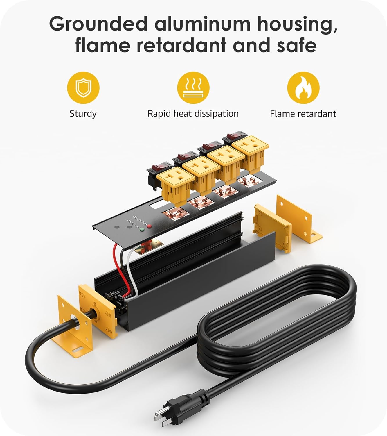 CCCEI Heavy Duty Surge Protector Power Strip 20 Amp Individual Switches. 15FT 12 Gauge Extension Cord with Multiple Outlets. Kitchen, Garage, Shop, Industrial Wall Mount Electric Extender, Yellow.