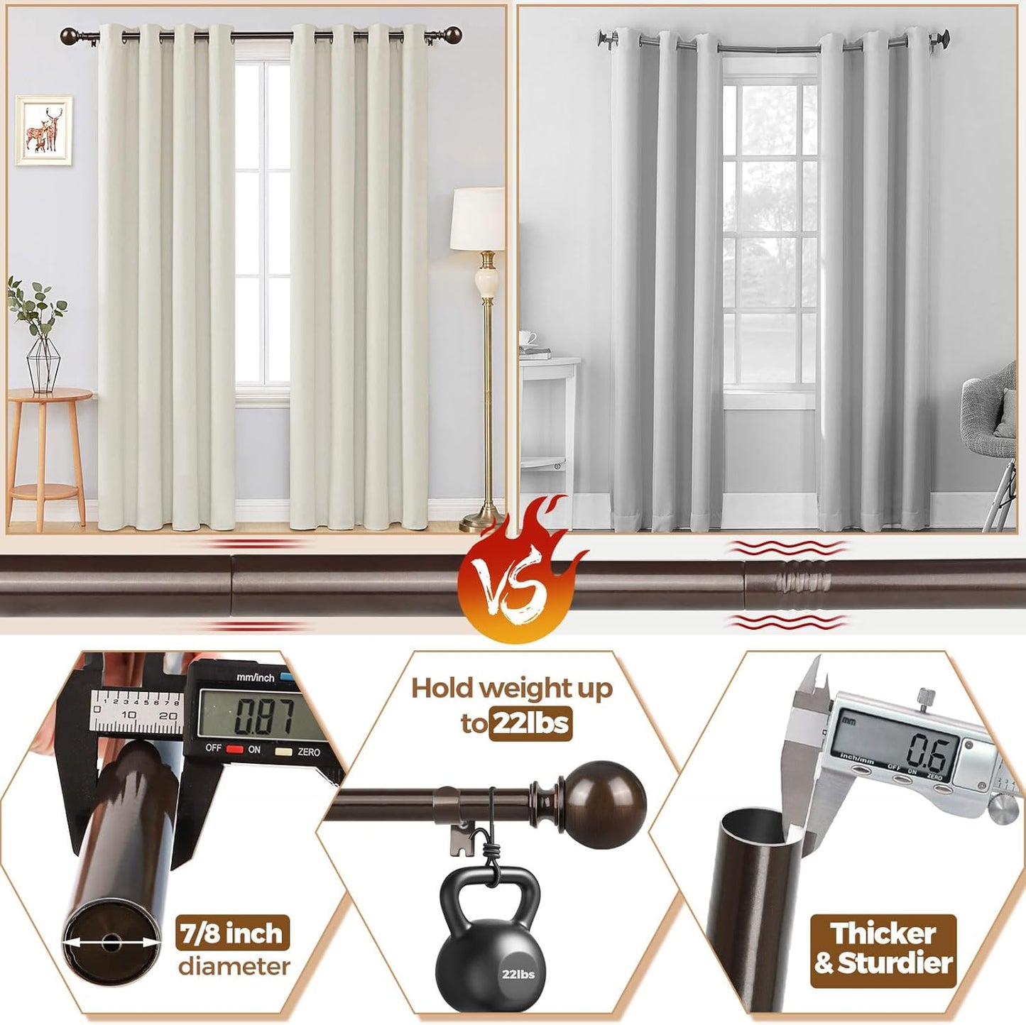 KAMANINA Bronze Curtain Rods for Windows 72 to 144 Inches, Long Curtain Rod 32 to 144 Inches (2.6-12ft), 7/8 Inch Decorative Drapery Rod with Round Finials