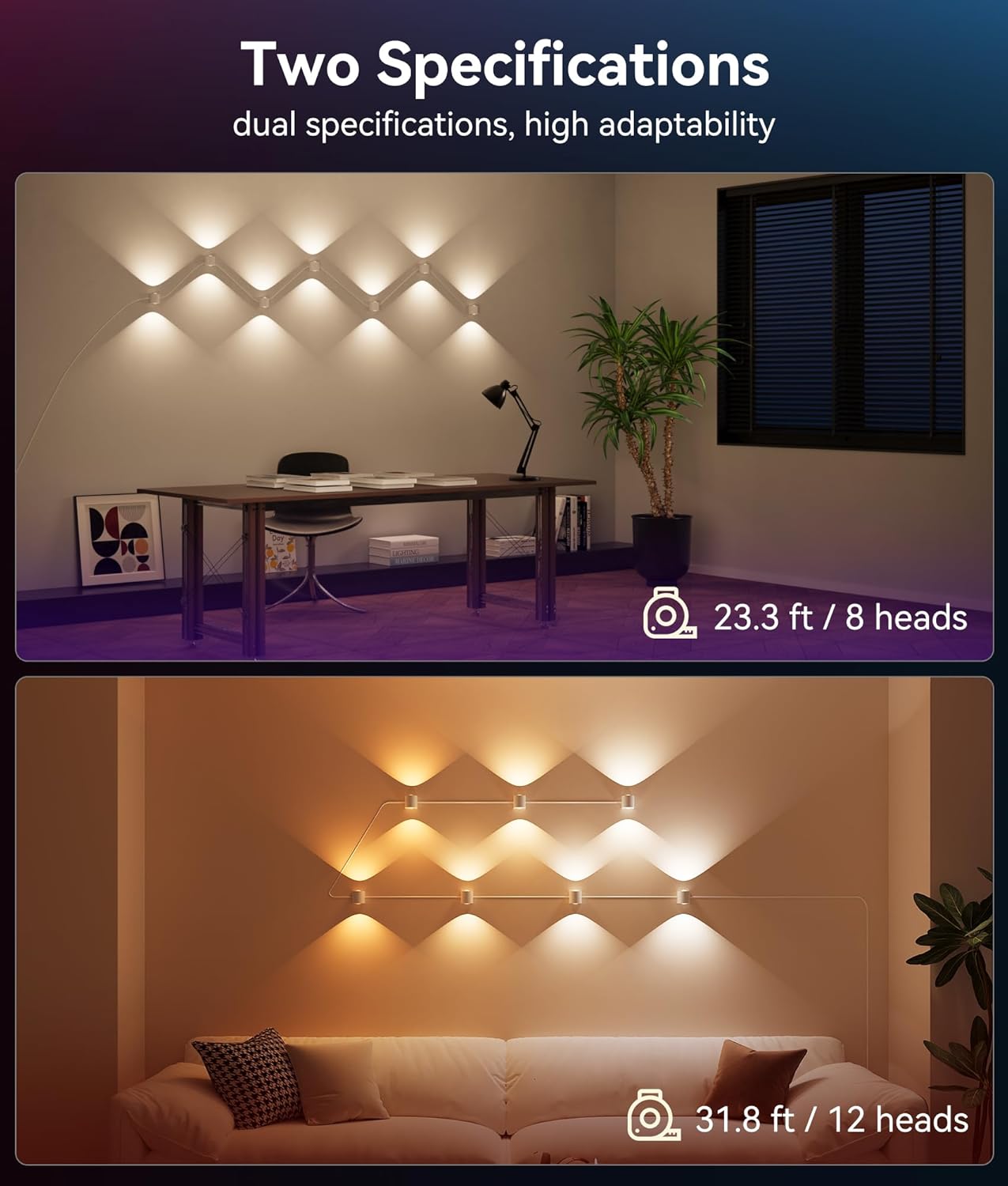 8 Lamp RGBCW Indoor Wall Lights, Up Down Lighting Bedroom Wall Sconces, Music Sync, DIY Styling White Color Changing Wall Lamps For Living room, Party, Home Decor, Compatible Alexa/Google Assistant