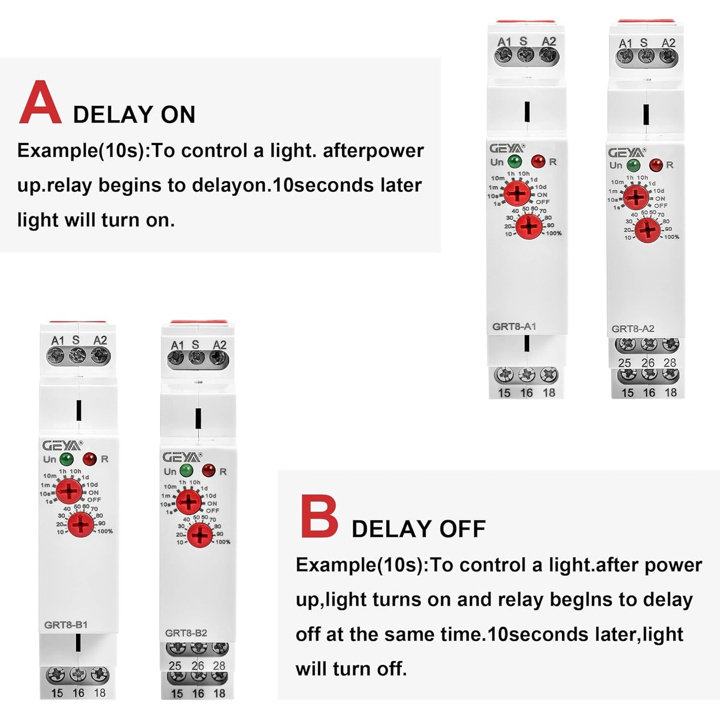 GEYA Delay On Single Function Time Relay 2 Outputs 16A Electronic Adjustable Power ON Timer Delay Relay Rail Modular(GRT8 A2,AC230V)