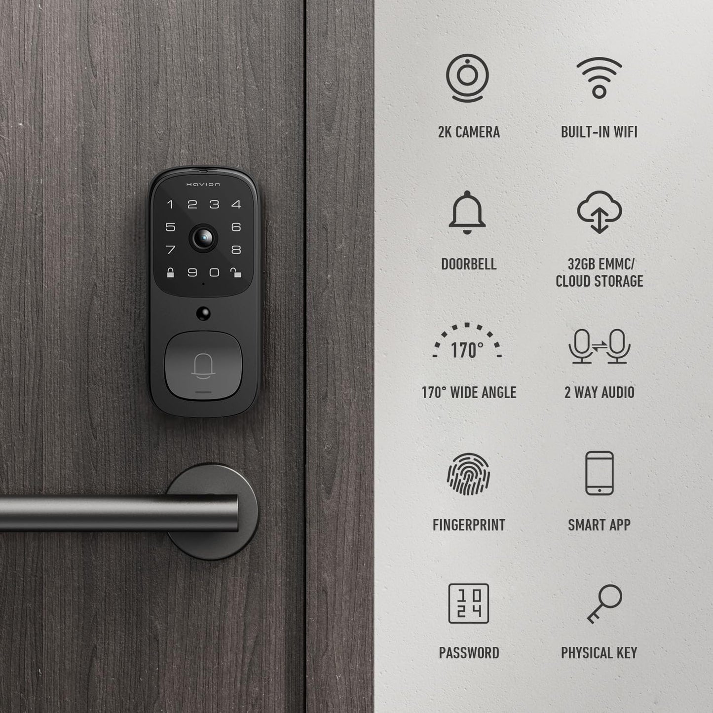 Havion Deadbolt Smart Lock w/Camera - Incl. Chime, 3-in-1 Wi-Fi Deadbolt+Camera+Video Doorbell Keyless Fingerprint Lock for Entry Front Door, 32GB eMMC, 10000mAh, 2K QHD & 170° View