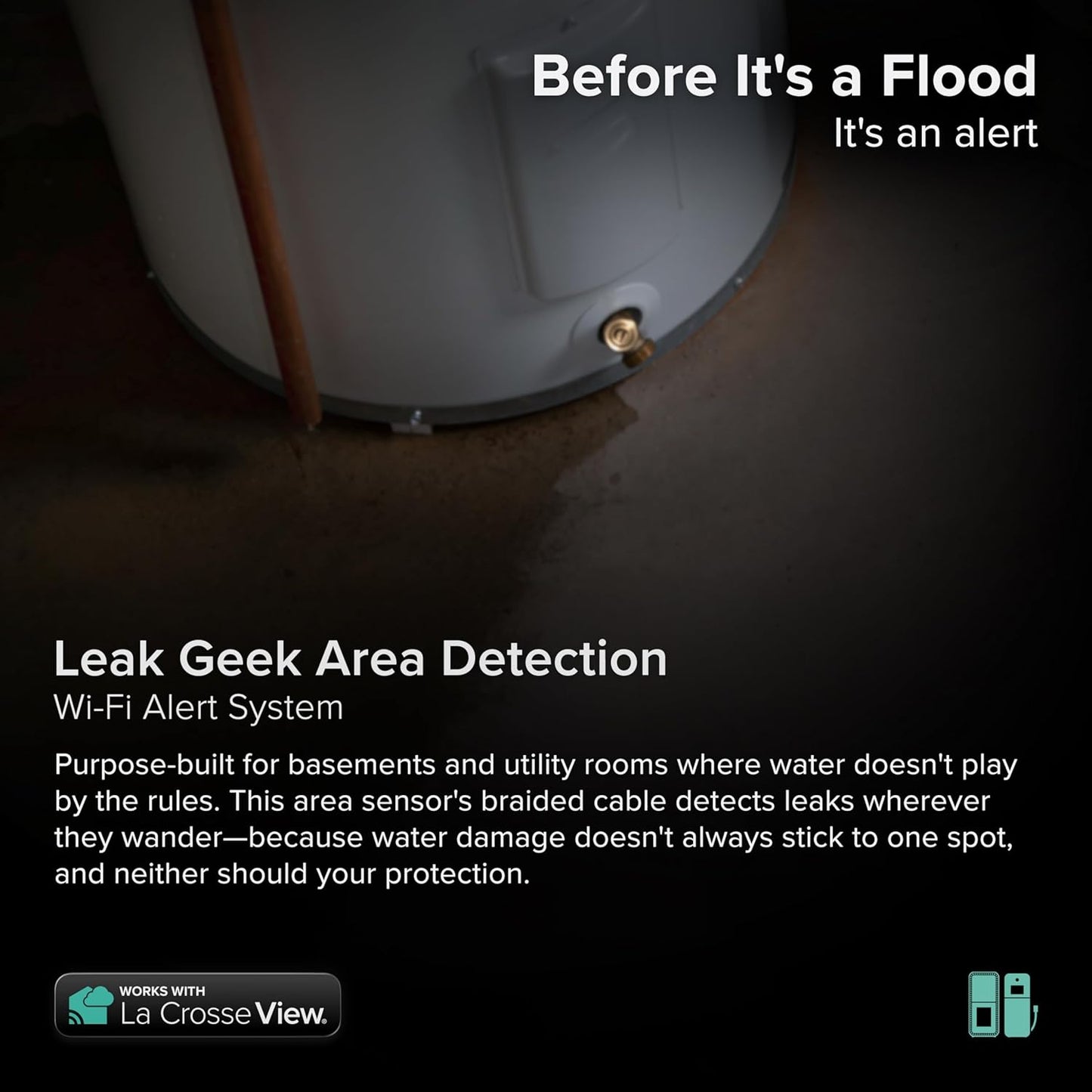 Leak Geek Area Detection Wi-Fi Alert System with The Bridge Gateway and Water Leak Area Detection Sensor with 76-inch Cable
