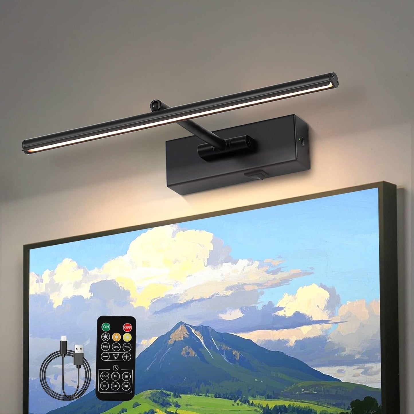 Battery Operated Picture Light with Wireless Remote 3CCT Dimmable Black Wall Art Lights for Paintings 3 Colors Rechargeable home decor Gallery Light 16’‘ Artwork Lighting for Canvas Timer Function