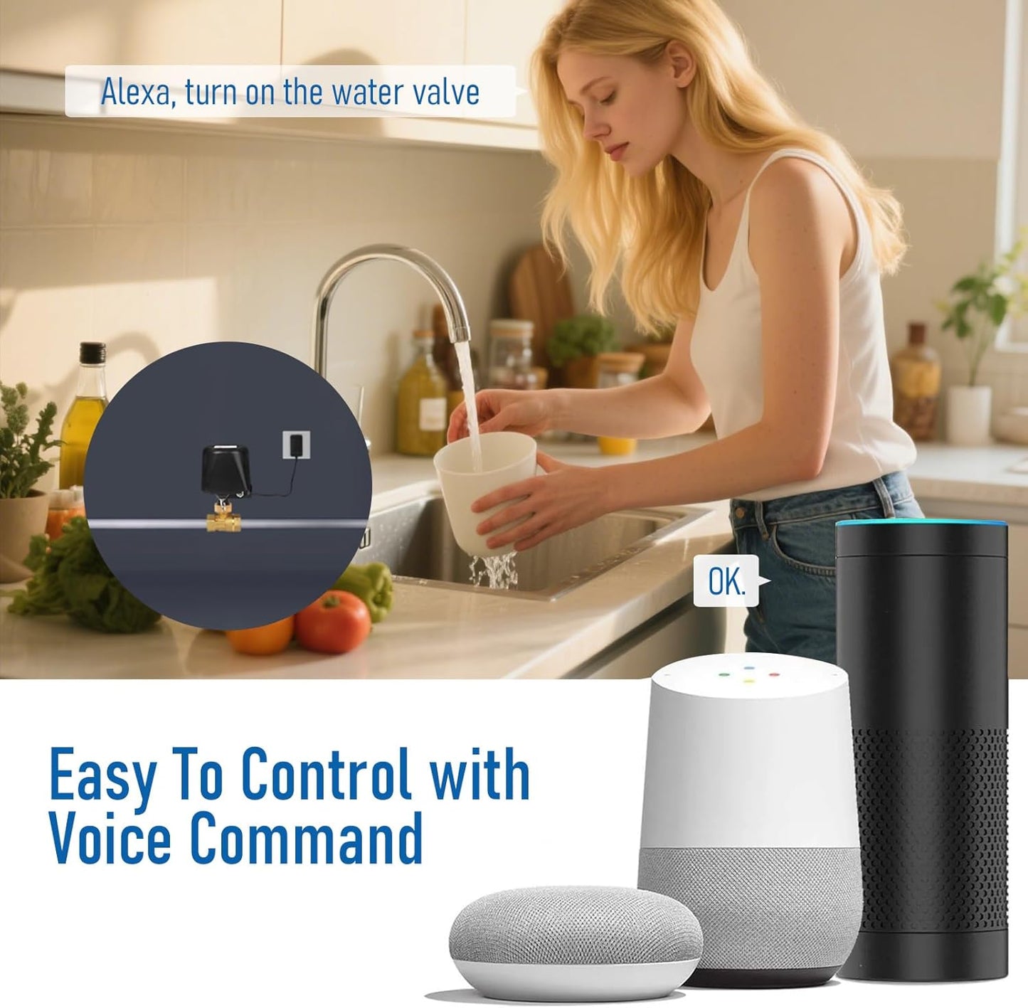 Owfeel WiFi Smart Water Valve, APP Remote Control, DN15 Ball Brass Water Valve, Compatible With Alexa, Google and Application Program iOS/Android, Only Supports 2.4 GHz WiFi (1/2")
