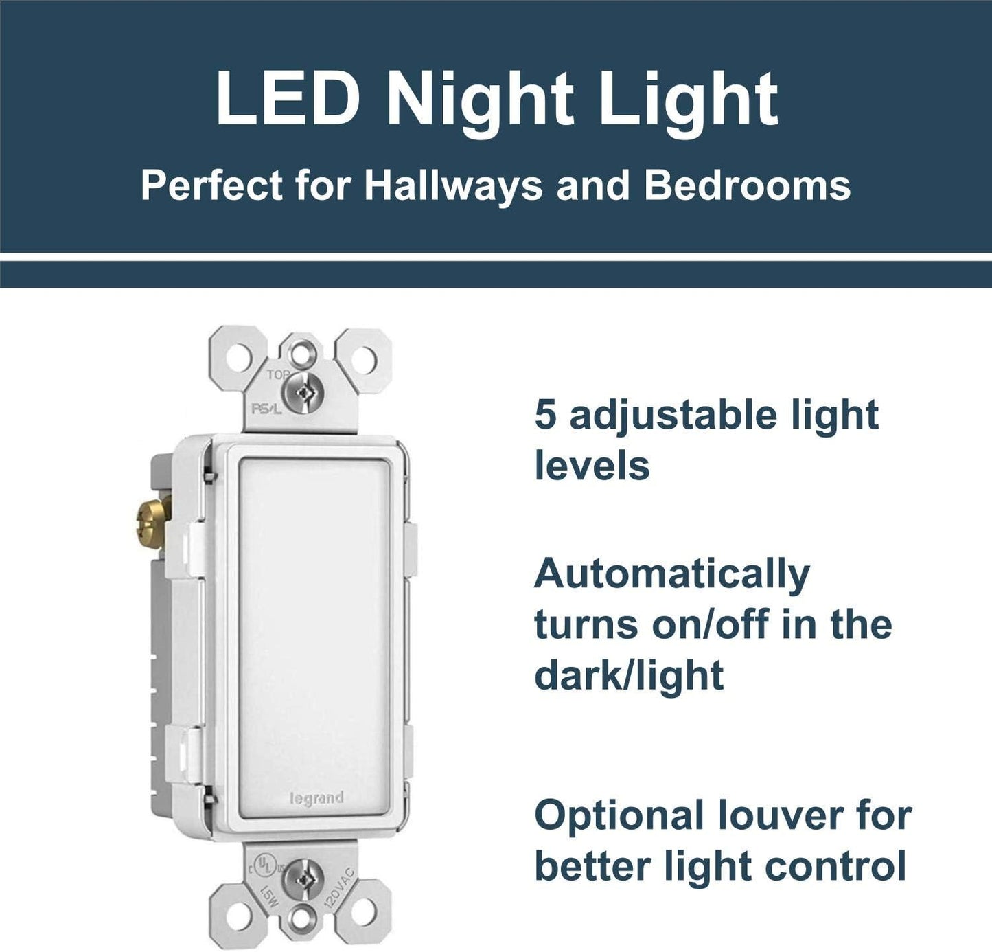 Legrand radiant NTLFULLWCC6 Full Adjustable LED Night Light Outlet, For Hallways and Stairs, Optional Louver, White (1 Count)