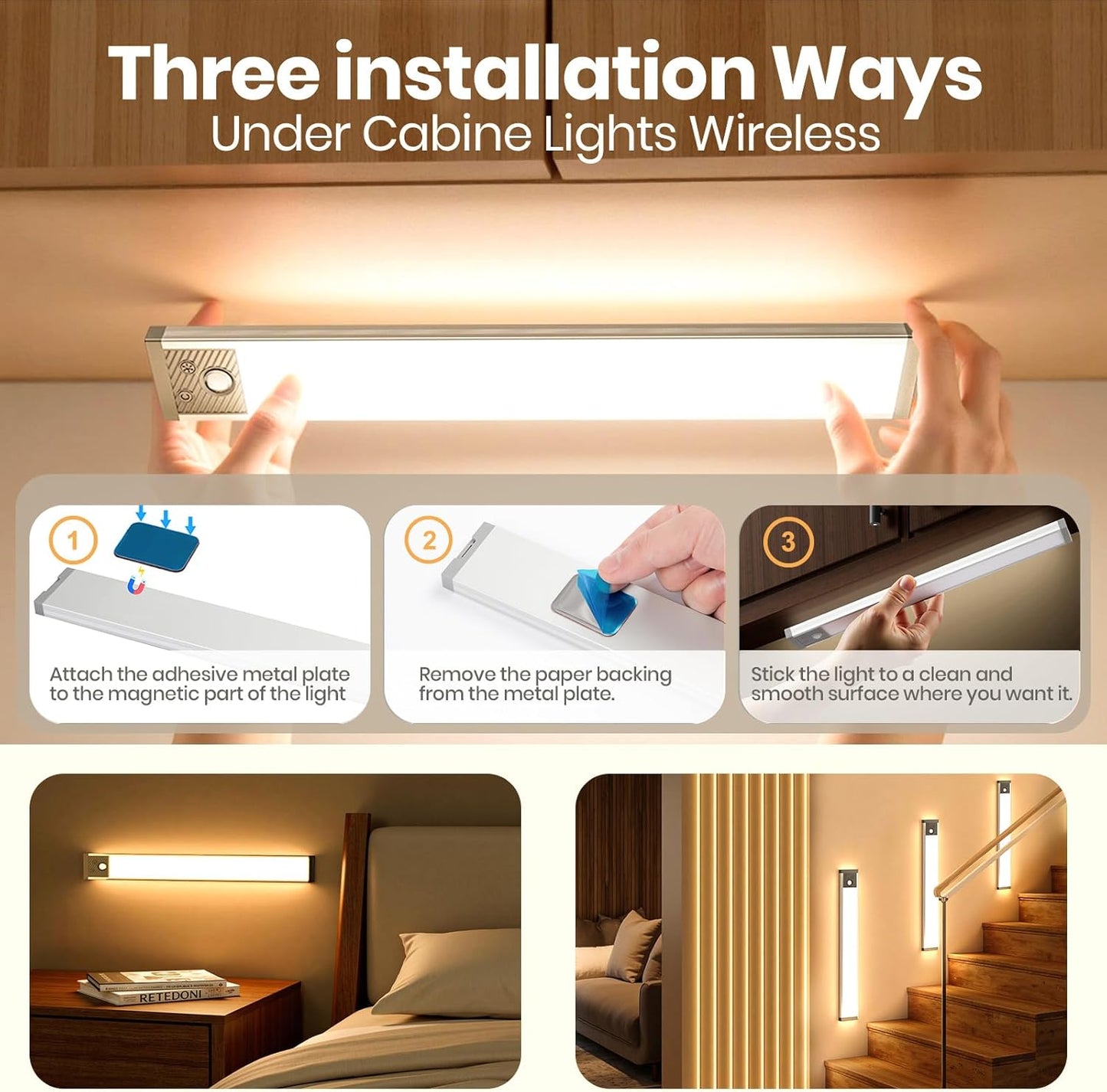 Under Cabinet Lighting, 3 Color Under Cabinet Lights Motion Sensor, 3200mAh Rechargeable 118LED Magnetic Light Bar Indoor, Wireless Battery Operated Closet Lights for Kitchen Home Stairs, 2Pack