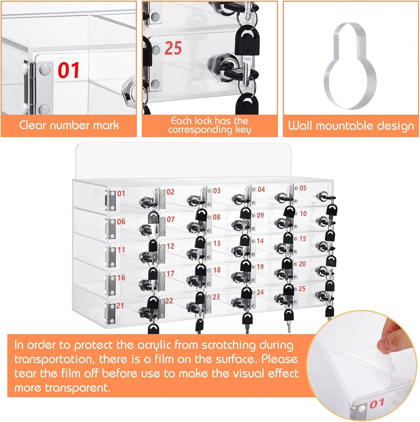 Threan 25 Slot Cell Phone Storage Box, Clear Cell Phone Storage Cabinet Wall Mounted, Including Door Locks and Keys for Office School Factory Classroom Students Staff