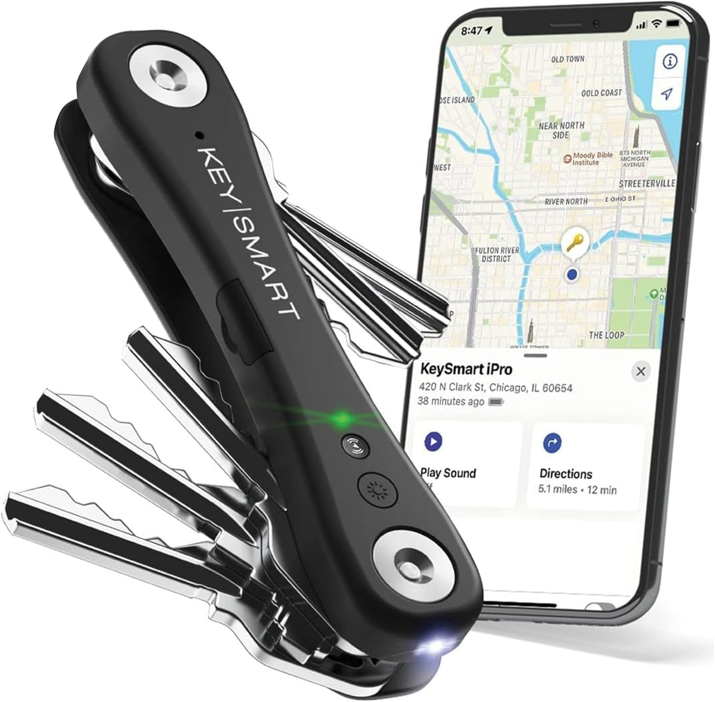 KeySmart iPro Key Finder Locator with Sound - Keychain Key Holder, Apple Find My App Compatible, Key Organizer, Compact Clutter-Free Key Chain Tracker, Tech Gifts for Men (Up to 14 Keys, Black)