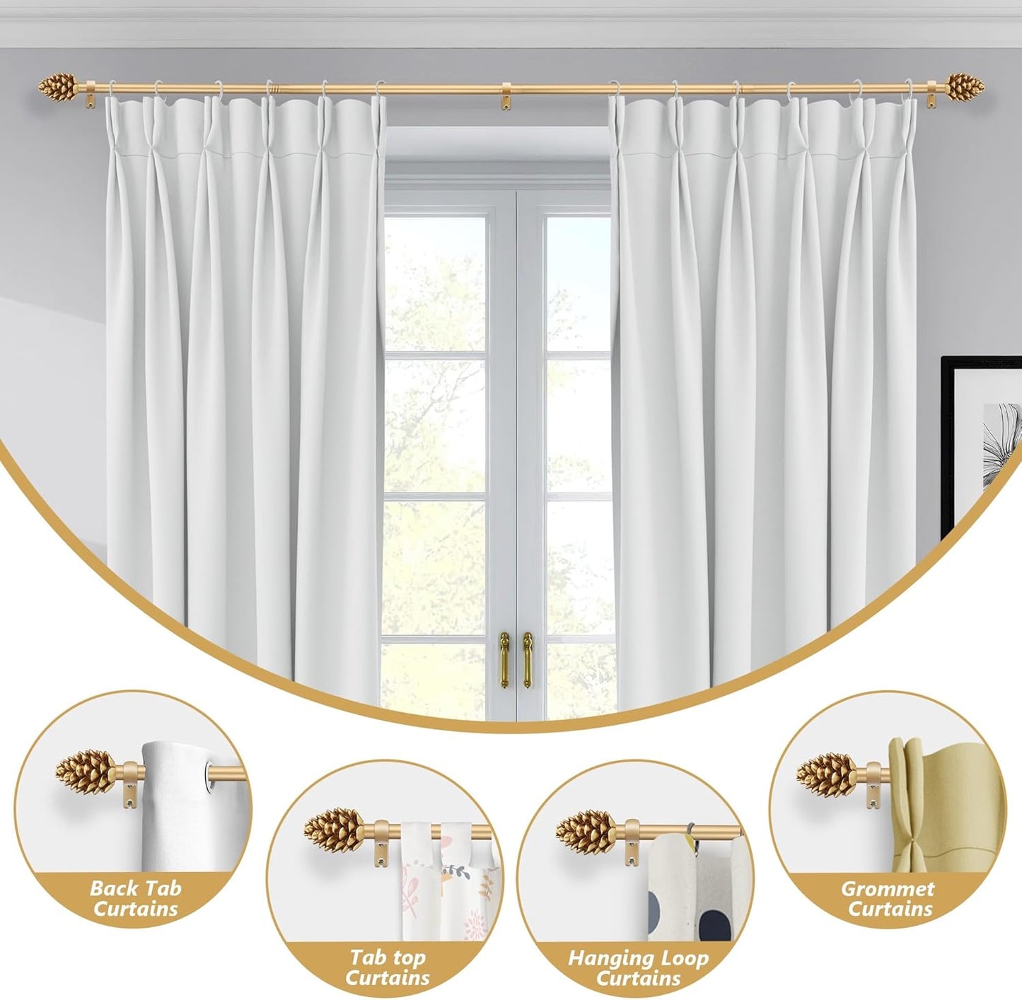 Gold Curtain Rods for Windows 48 to 84 Inches, 1 Inch Diameter Heavy Duty Single Curtain Rod, Adjustable Window Curtain Rod Drapery Rod with Decorative Finials