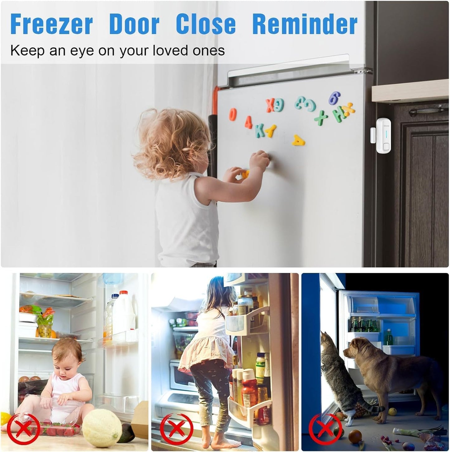 DAYTECH Fridge Door Alarm with Delay 1/2/3/4 mins Adjustable Close Windows Reminder 0-120 dB Refrigerator Alert Wireless Door Ajar Chime for Freezer Fridge Home 1 Set White