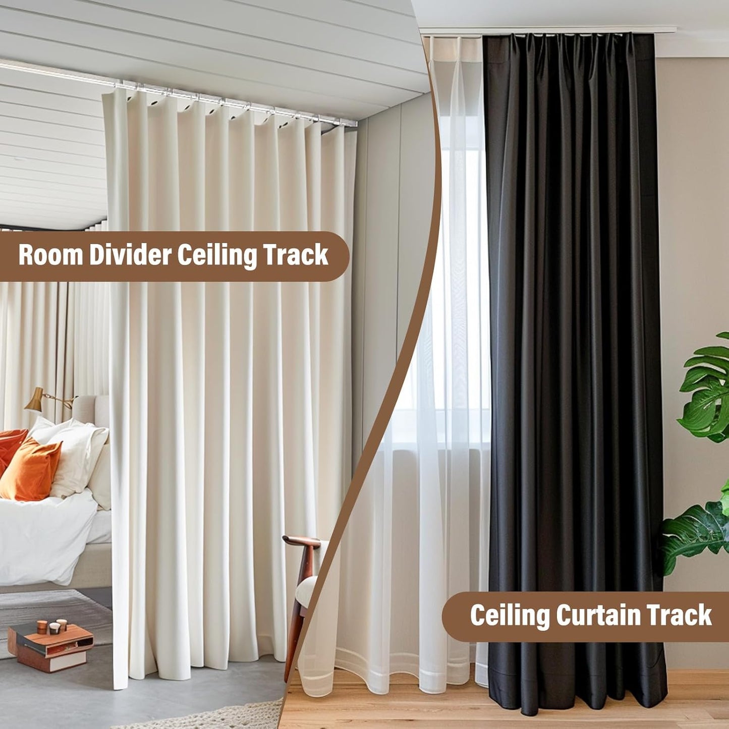 Ceiling Mount Curtains Track Room Divider Privacy Partition Separator Curtain Tracks Rods Heavy Duty RV Shower Outdoor Rail Clip Hook Set, White 3-6ft