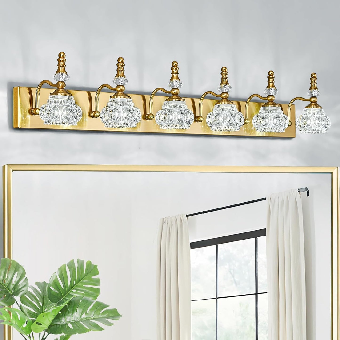 Modern Glass Crystal Vanity Light - Vintage Bathroom Lighting Fixtures Over Mirror 6 Light Vanity Lights G9 Bulb (43.3 Inch, Gold)