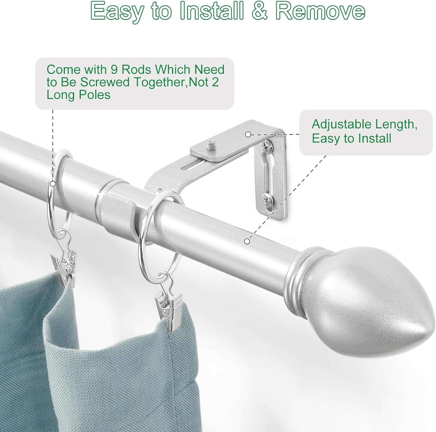 Curtain Rods for Windows 16 to 136 inches, Curtain Rod Max Adjustable Length to 146 in, Drapery Rod 1 inch Diameter with Modern Knobs Finials (Satin Silver, 16" to 136" - Set of 2)