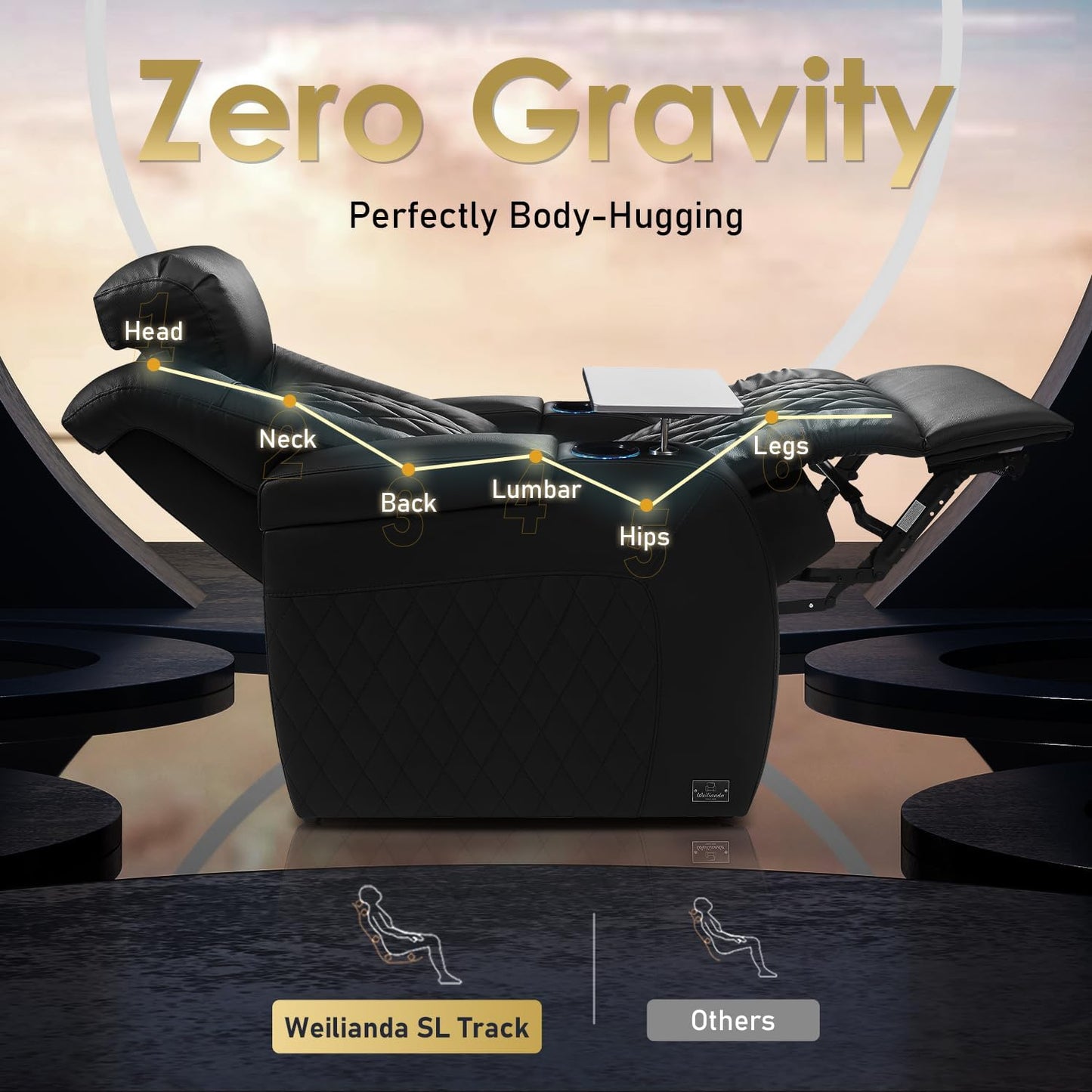 Weilianda Home Theater Seating Top Grain Leather Zero Gravity Recliner Chair Power Headrest Recline Movie Seat Gaming 7 Colors Mood Light Sofa with Tray Table USB Charge Row of 5 Loveseat Left Black