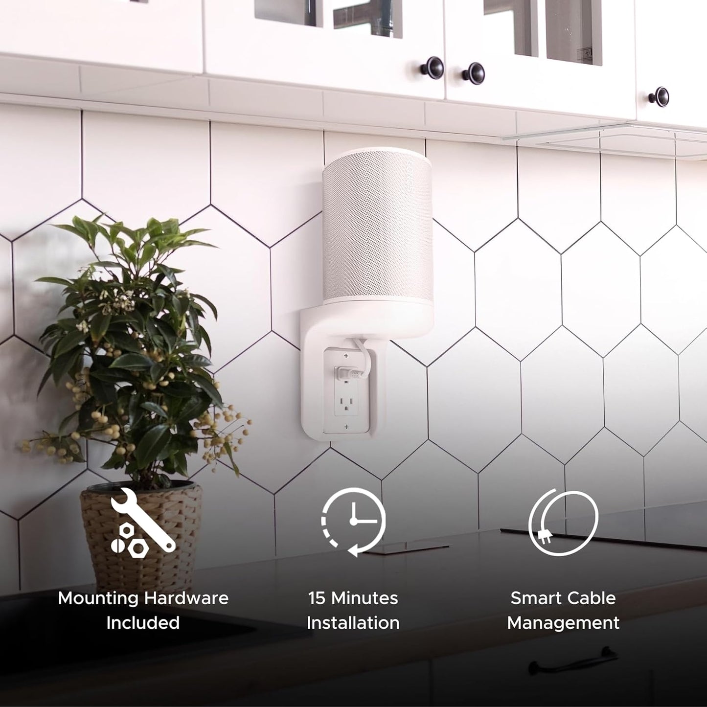 Sound Bass ERA100 Shelf Wall Outlet AC, White, Home, Compatible with Sonos ERA 100, Plug Mount Organizer, Bathroom, Kitchen, Bedrooms, Cord Management, Easy Installation, Mounting Kit Included