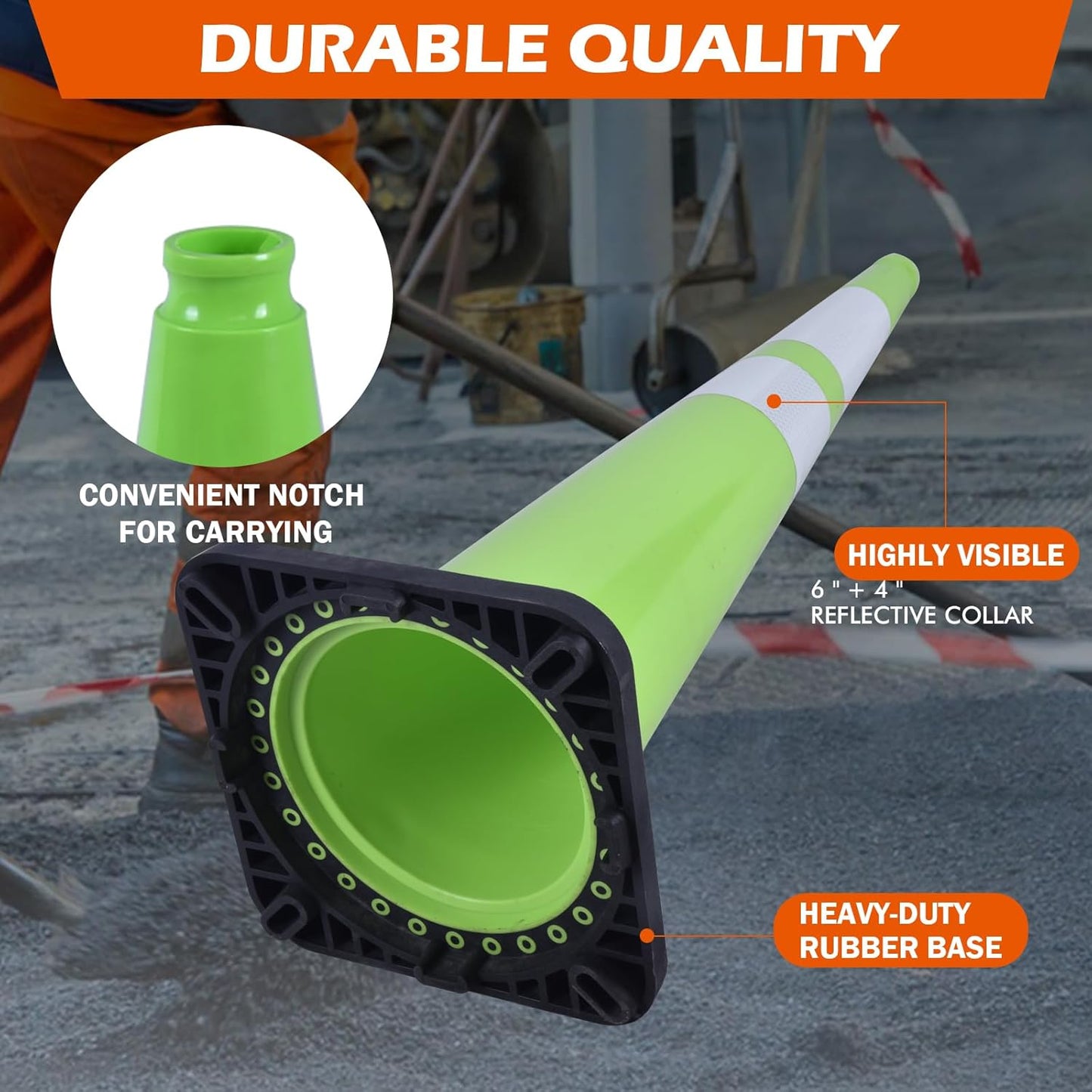 4 Pack 36 Inch Green PVC Traffic Cones Black Base Stable Large Size, Highway Traffic Outdoor Construction Safety Warning Cones (4, Green, 36 Inch)