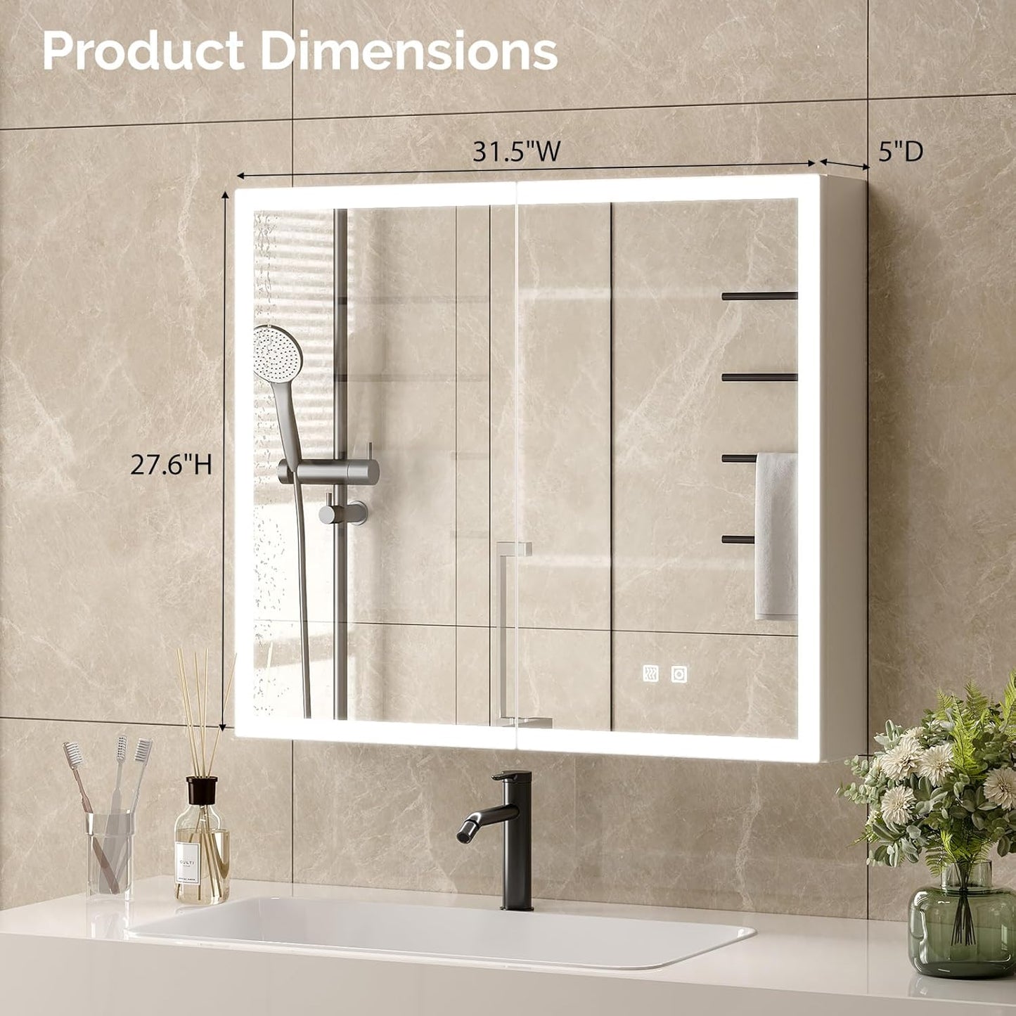 VINGLI Lighted Medicine Cabinet with Mirror Bathroom Mirror Medicine Cabinet Wall Mounted with Storage LED Lights Charging Station Defogger Modern Bathroom Mirrors for over Sink with Storage (32"*28")