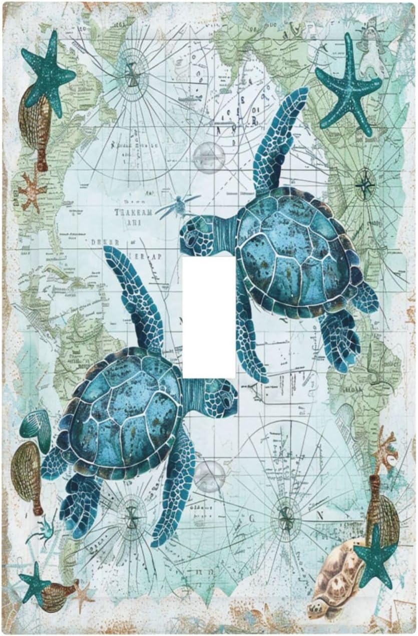 Decorative Light Switch Cover Nautical Green Sea Turtles Beach Blue Ocean 1 Gang Single Toggle Device Electrical Faceplate Switchplates Decorator Outlet Wall Plate For Bathroom Kids Room