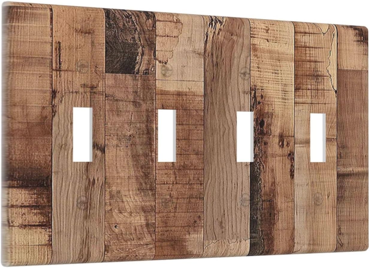 Light Switch Covers Rustic Brown Wood Grain Quad Toggle Electrical Faceplate 4 Gang Wall Plate Decorative Switch Plates for Farmhouse Kitchen Decor