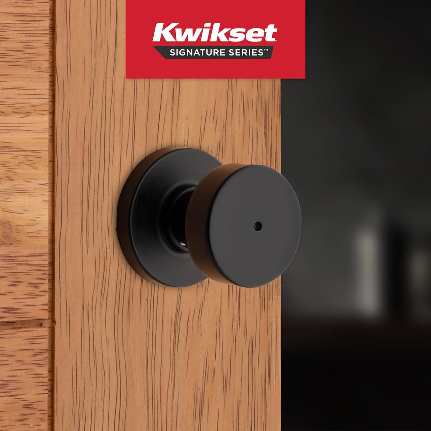 Kwikset Pismo Interior Privacy Door Knob with Lock, Door Handle For Bathroom and Bedroom, Matte Black Keyless Turn Lock Doorknob, with Microban Protection