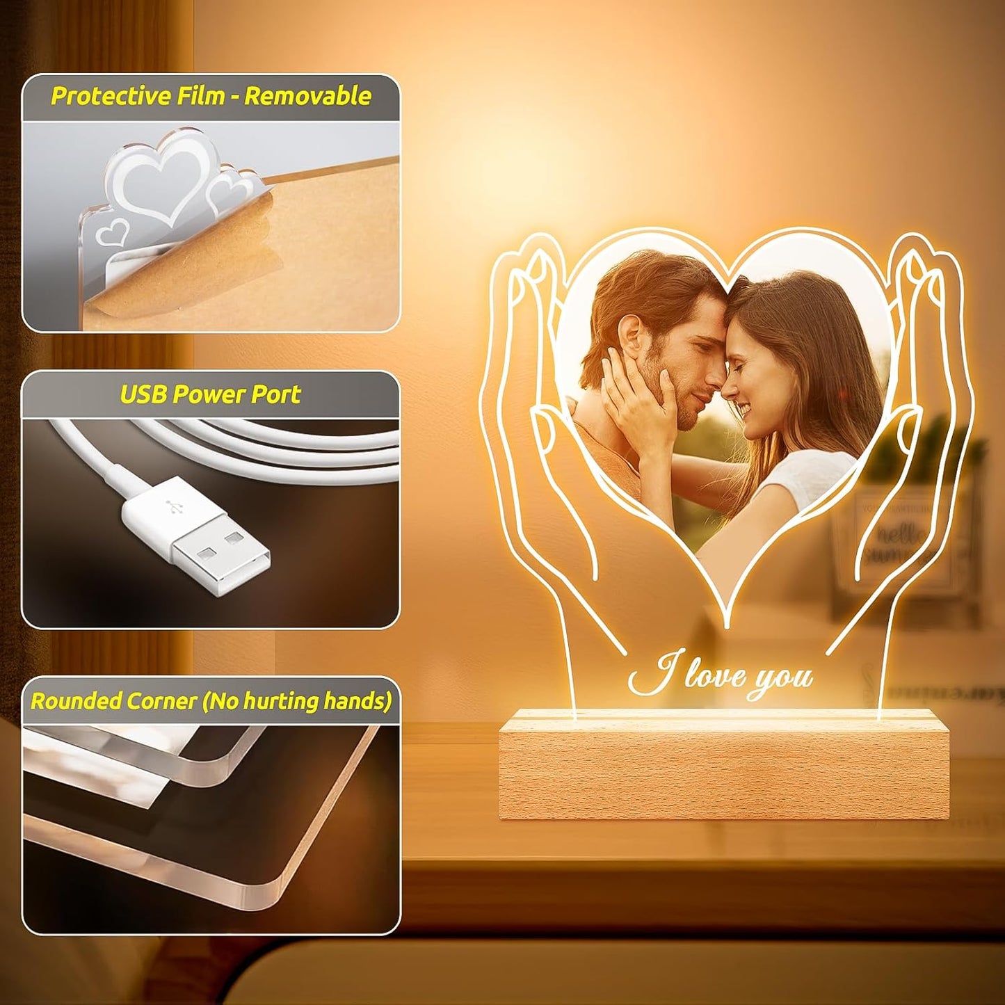 Personalized Picture Frame with Photo, Customized Photo Frame with Night Light, Custom Picture Frames, Personalized Anniversary Valentines Day Gifts for Women Men Her Him Girlfriend Boyfriend Couple