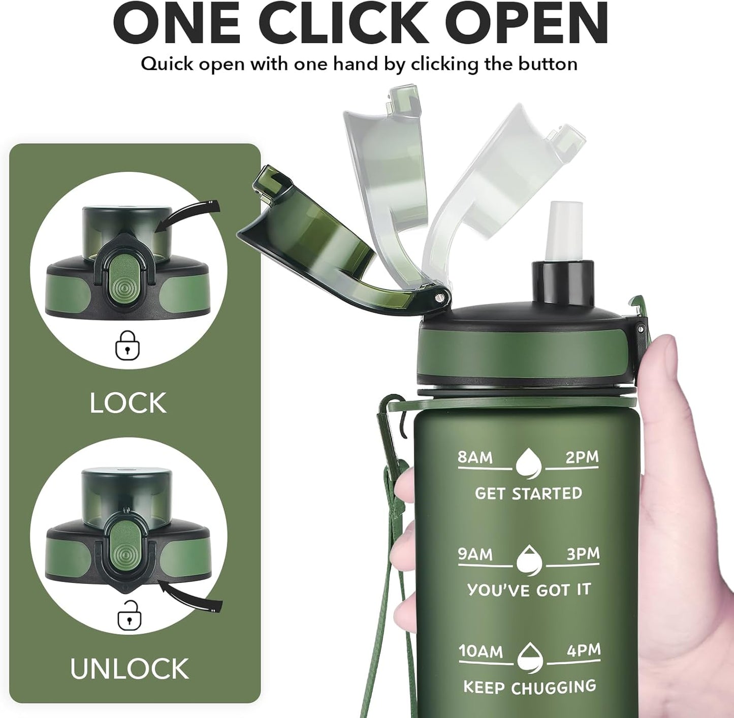 Enerbone Water Bottle, Leakproof BPA & Toxic Free, Motivational Water Bottle with Times to Drink and Straw, Fitness Sports Water Bottle with Strap for Office, Gym, Outdoor Sports