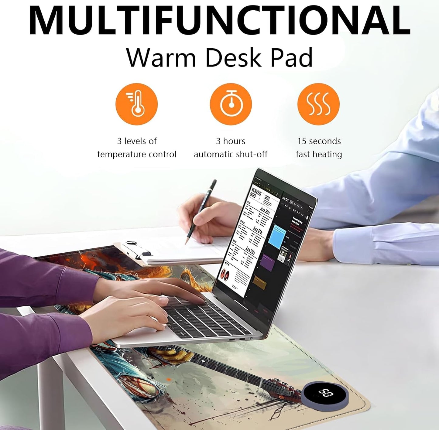 Heated Mouse Pad with 3 Levels Heated & 3 Hours Auto Shut-Off Mouse Pad for Warming Hands in Office Home, 31.5" x 13"Large Safe Desk Mat Hand Warmer，Cat Playing Guitar