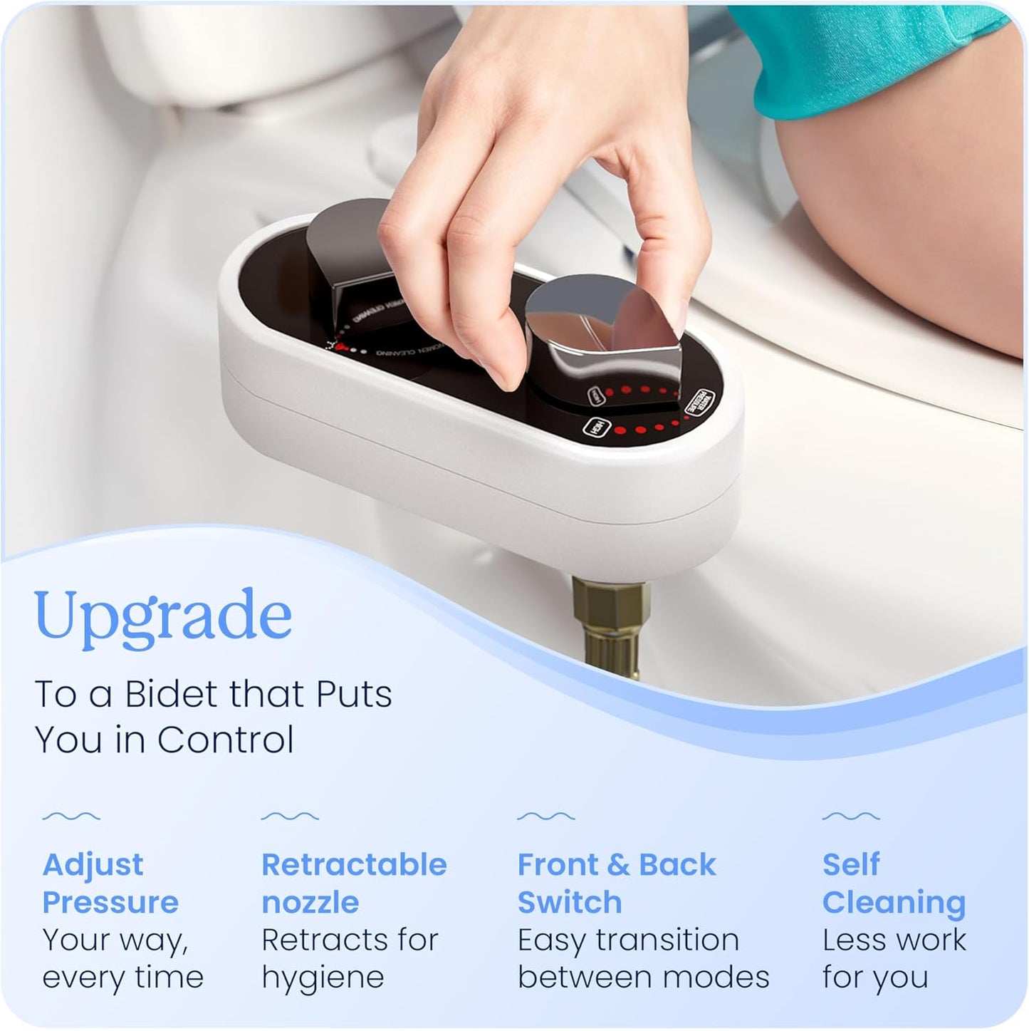 CLEAR REAR Bidet Attachment for Toilet Seat - Non-Electric, Self-Cleaning Dual Nozzle, Adjustable Water Pressure, Rear & Feminine Wash Hygienic Bathroom Upgrades - Fits Elongated Toilets (White)