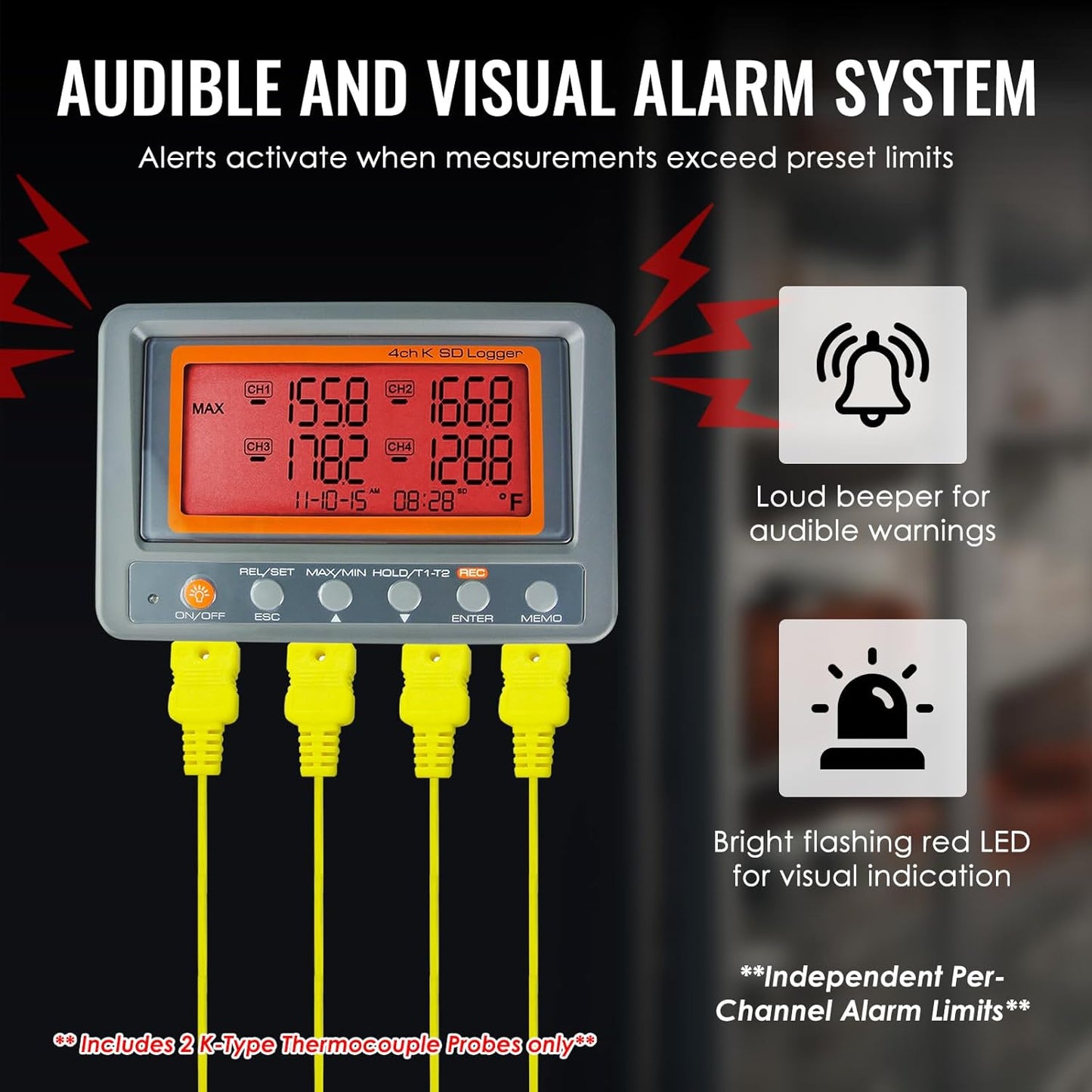 Digital 4 Channel K Type Thermocouple Thermometer Recorder with 8G SD Card Programmable Temperature Data Logger with Alarm Function Thermocouple Reader K Type Thermometer with 2 Thermocouples Probe