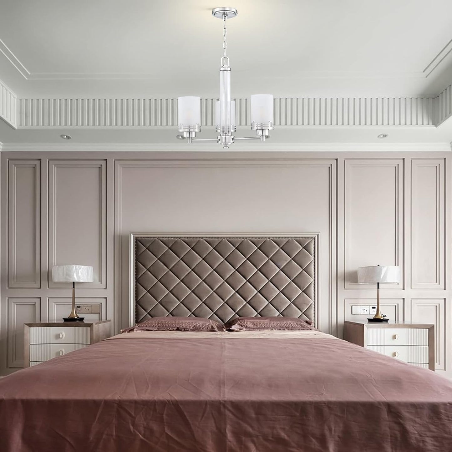 Doraimi Lighting 3 Light Fashion Kitchen Island Frosted Glass Shade+Hollow Metal Shade Chandelier Light Fixture,Brushed Nickel Finish Dining Room Living Room Corridor Bedroom