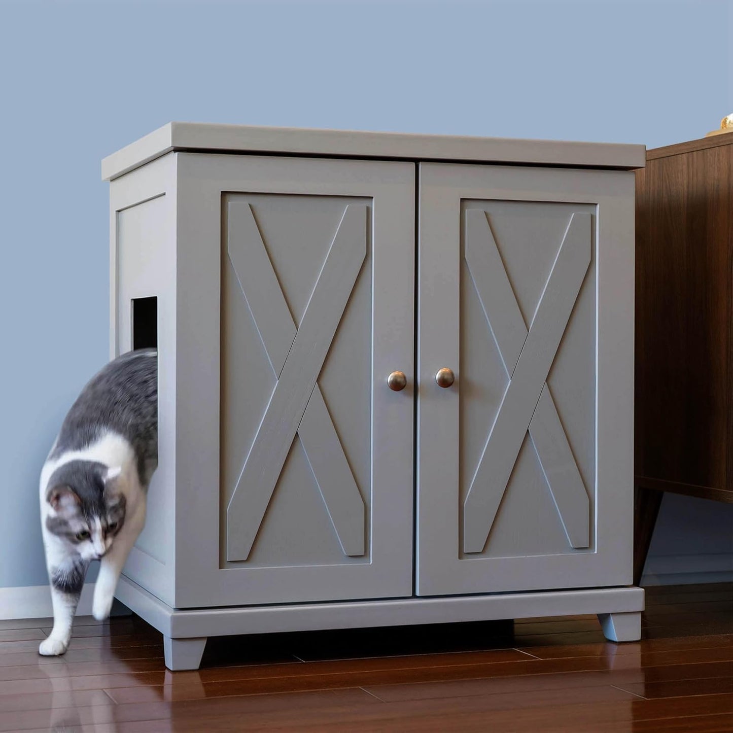 THE REFINED FELINE Cat Litter Box Enclosure Cabinet, Farmhouse, Smoke Gray, Tapered Feet, Large, Hidden Litter Cat Furniture with Drawer
