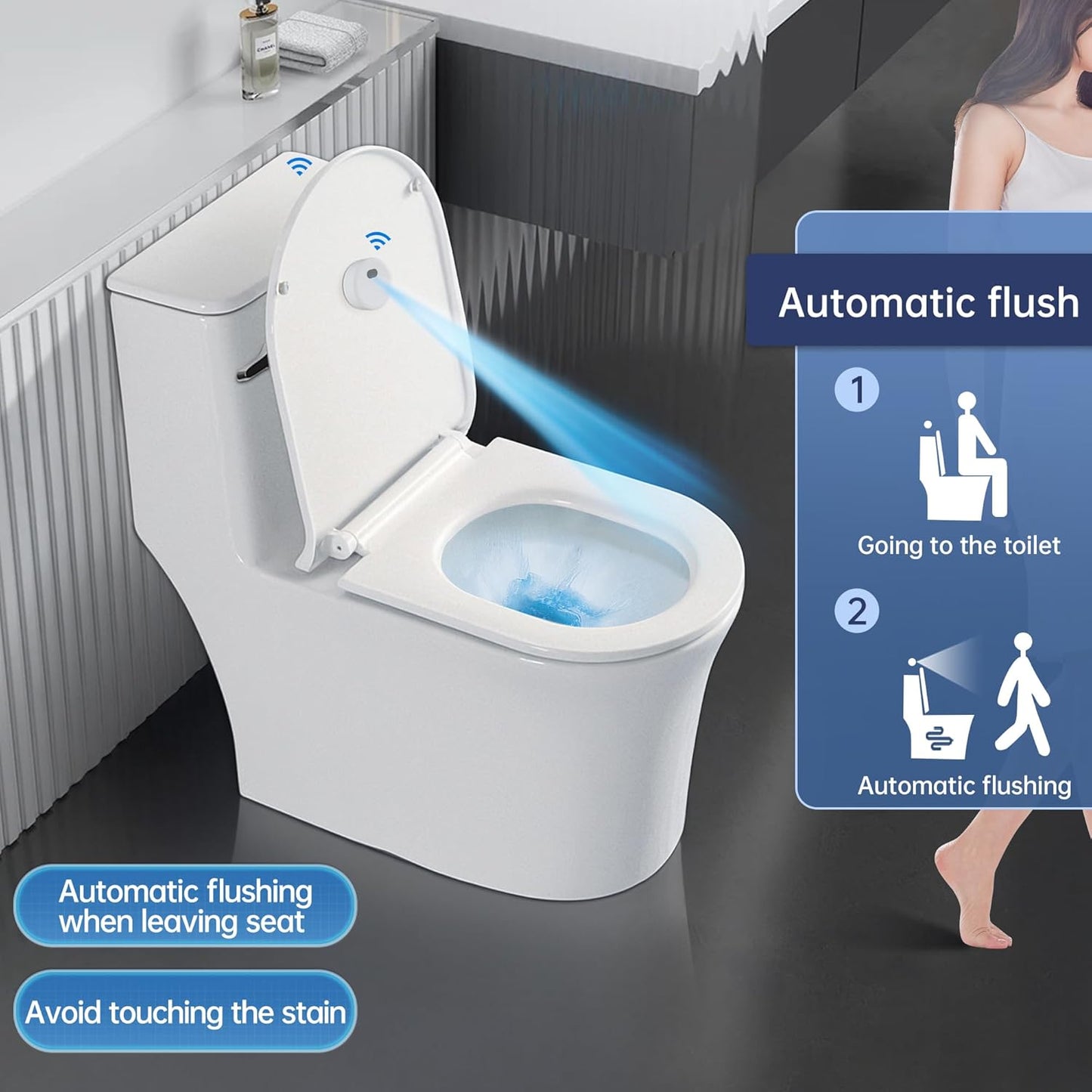 KERDE Touchless Toilet Flusher Kit – Motion Sensor Flush Valve with Wireless Button, Battery Powered, Compatible with Chain Pull Lever Toilets, Remote Flush for Home & Commercial Bathrooms