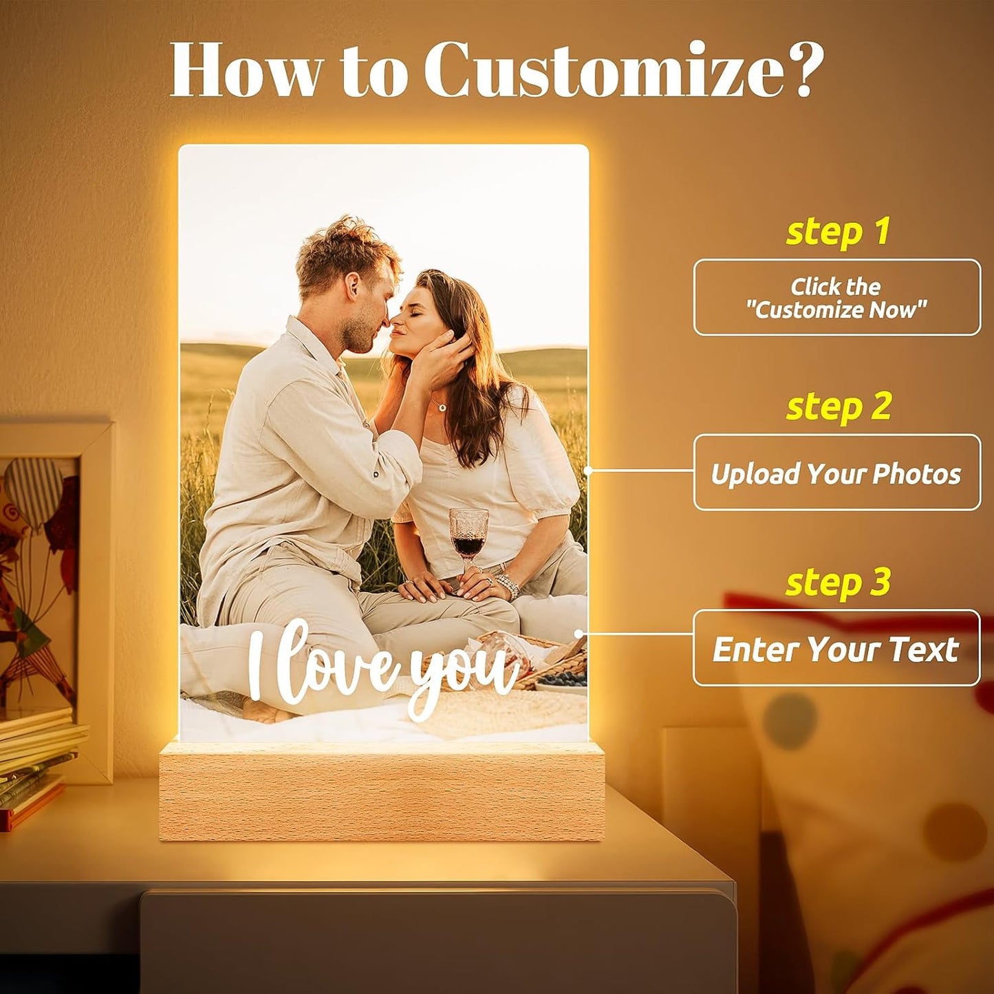 Personalized Picture Frame, Custom Photo Frame with Night Light, Custom Picture Frames, Personalized Anniversary Birthday Valentines Day Gifts for Women Men Her Him Girlfriend Boyfriend Couple
