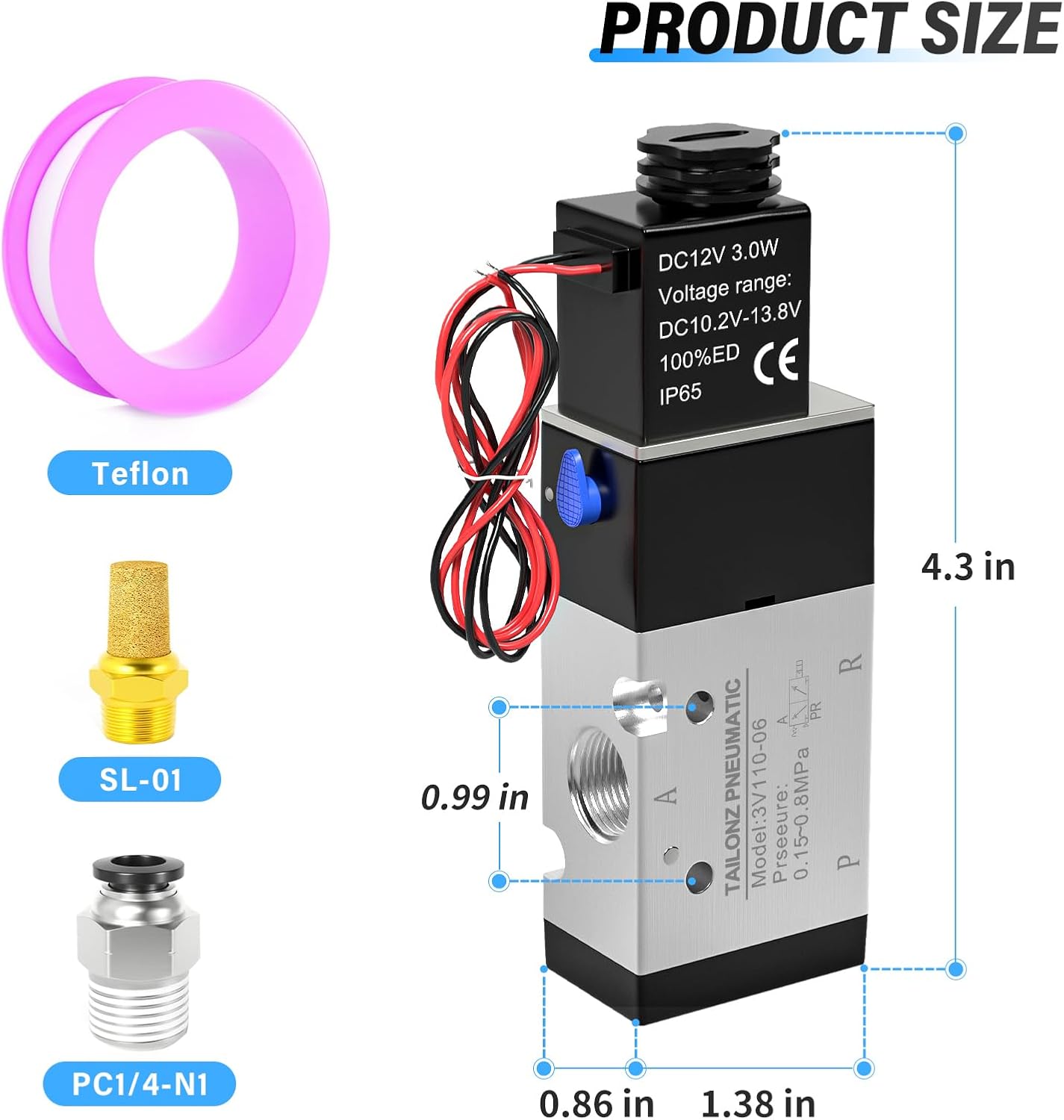 TAILONZ PNEUMATIC 1/8"NPT Solenoid Valve 3V110-06 DC12V Single Coil Pilot-Operated Electric 2 Position 3 Way Connection Type (Outlet wire)