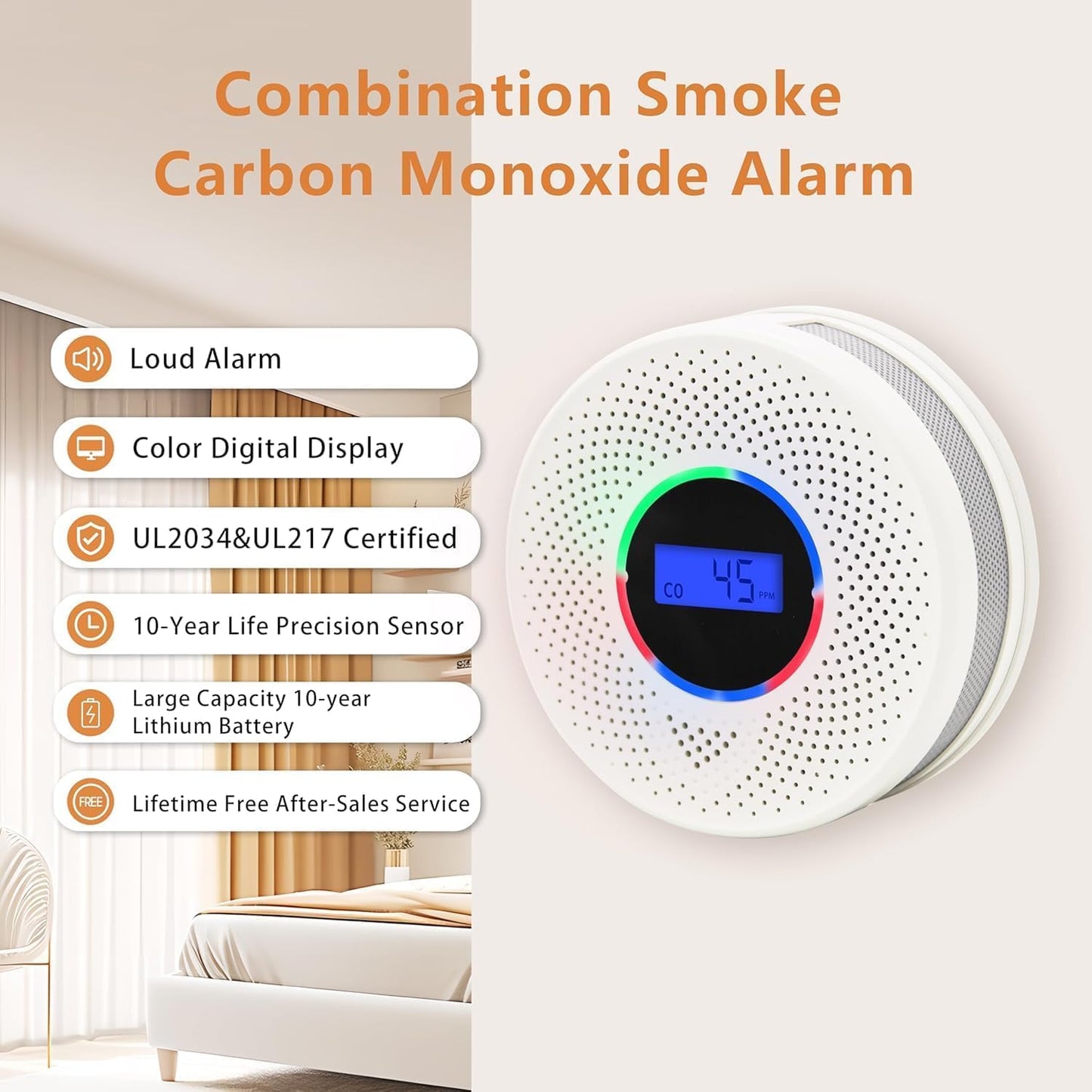 Kesy Upgraded Smoke and Carbon Monoxide Detector 10-Year Lifespan, Dual Sensor Smoke Alarm & Carbon Monoxide Detector (2 Pack)