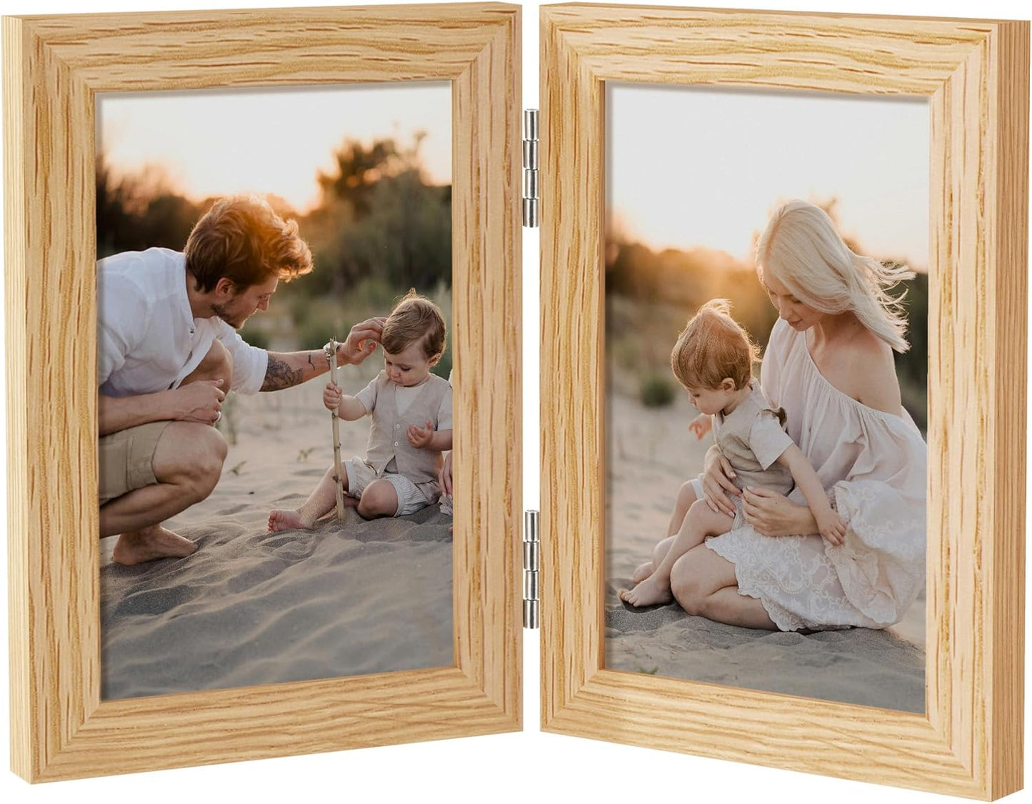 Axeman 4x6 Double Picture Frame - Solid Oak Wood Vertical Hinged 4x6 Photo Frame 2 Opening Folding Family Frames Collage With Real Glass for Tabletop Display, Hanging Hardware Included | Natural