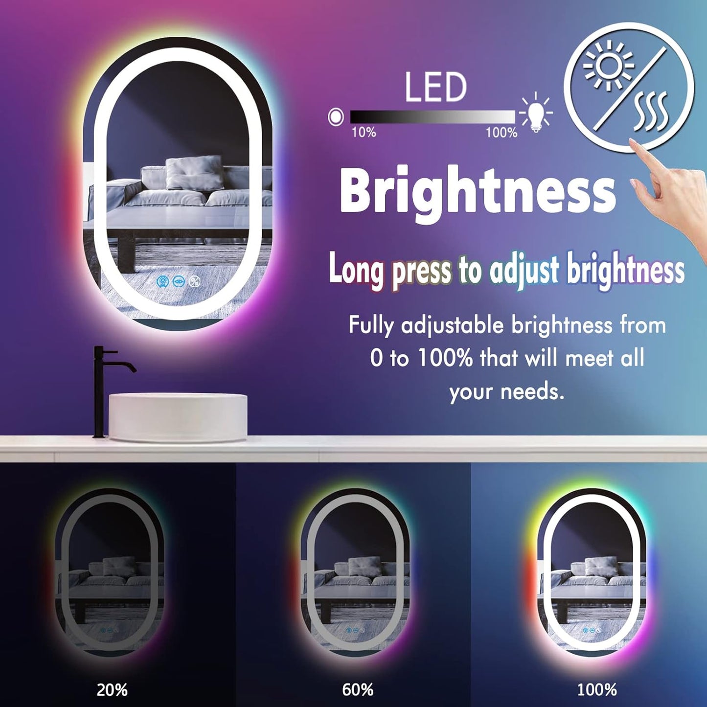 24 x 16 Inch RGB Oval Bathroom Mirror with Smart Dimmable 3 Color Front Lights & Rainbow Colorful Changing Backlit Oval Lighted Vanity Mirror for Bathroom Wall Horizontal or Vertical Mounted