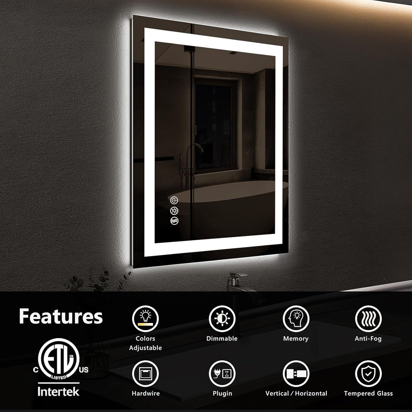 ROOMTEC 24 x 32 Inches LED Bathroom Mirror with Front and Backlit,Anti-Fog,3 Colors and Dimmable Light(Horizontal/Vertical), Silver