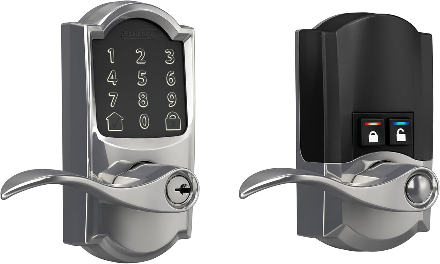 Schlage FE789WB CAM 625 Acc Encode WiFi Accent Lever Smart Lock, Keyless Entry Touchscreen Door Lock with Camelot Trim, Bright Chrome